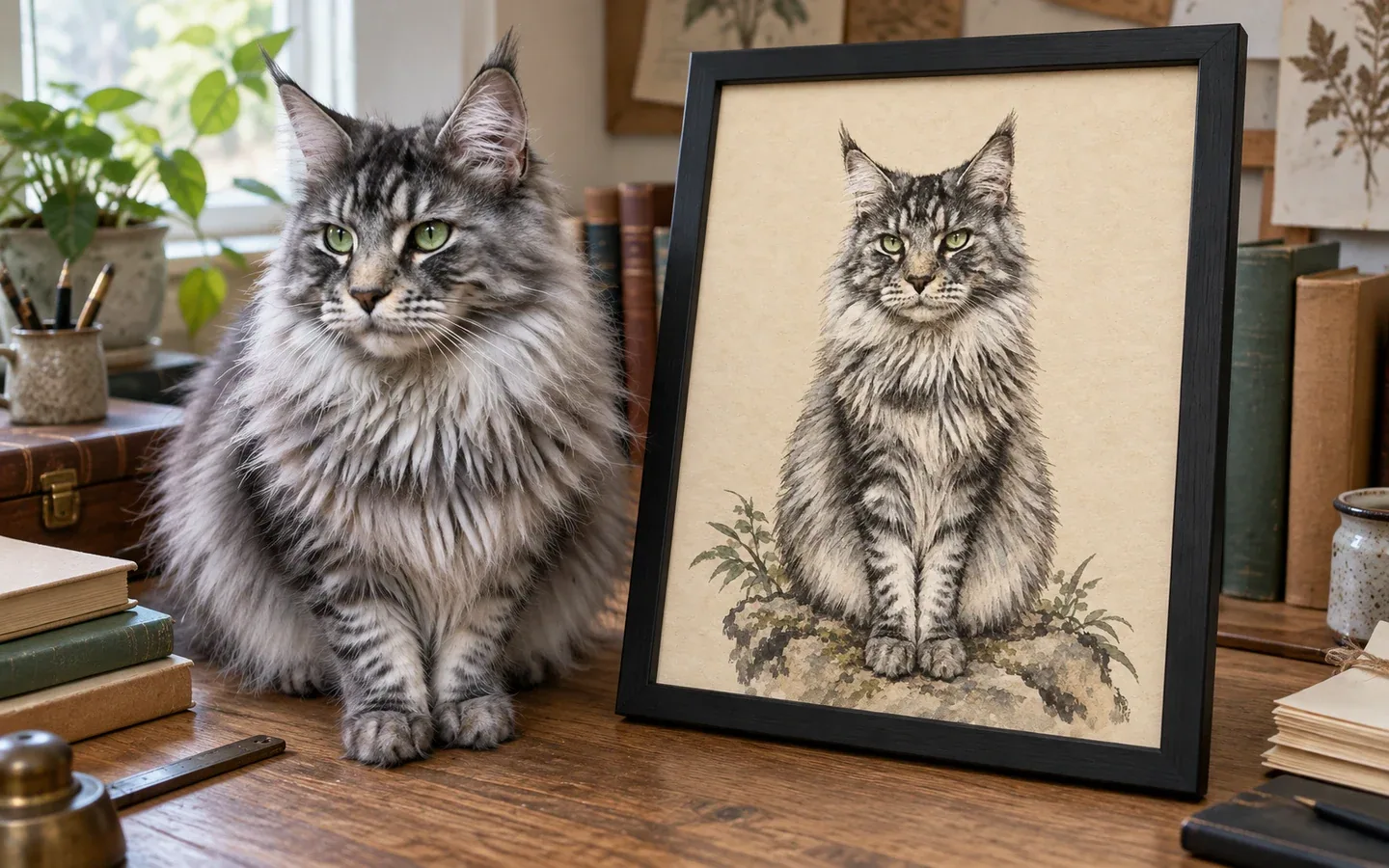silver tabby Maine Coon cat beside its framed portrait in a home display