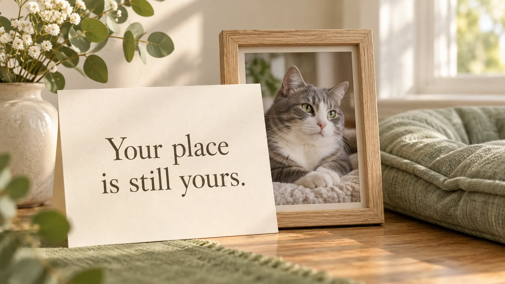 Cat Memorial Quotes and Words for a Keepsake A card reading Your place is still yours beside a framed lifetime-style cat photograph.
