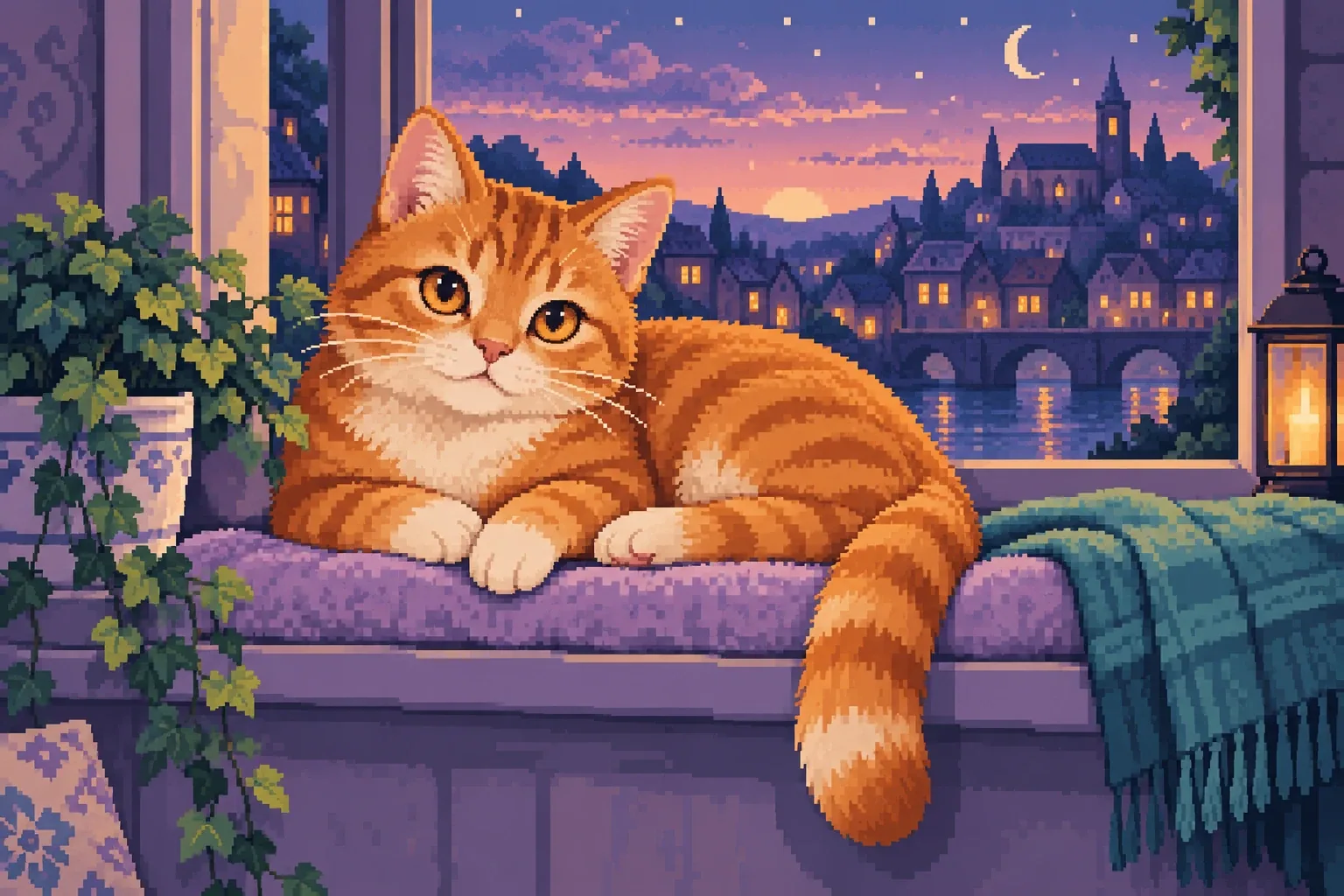 A richly colored pixel-inspired ginger cat resting on a twilight windowsill.