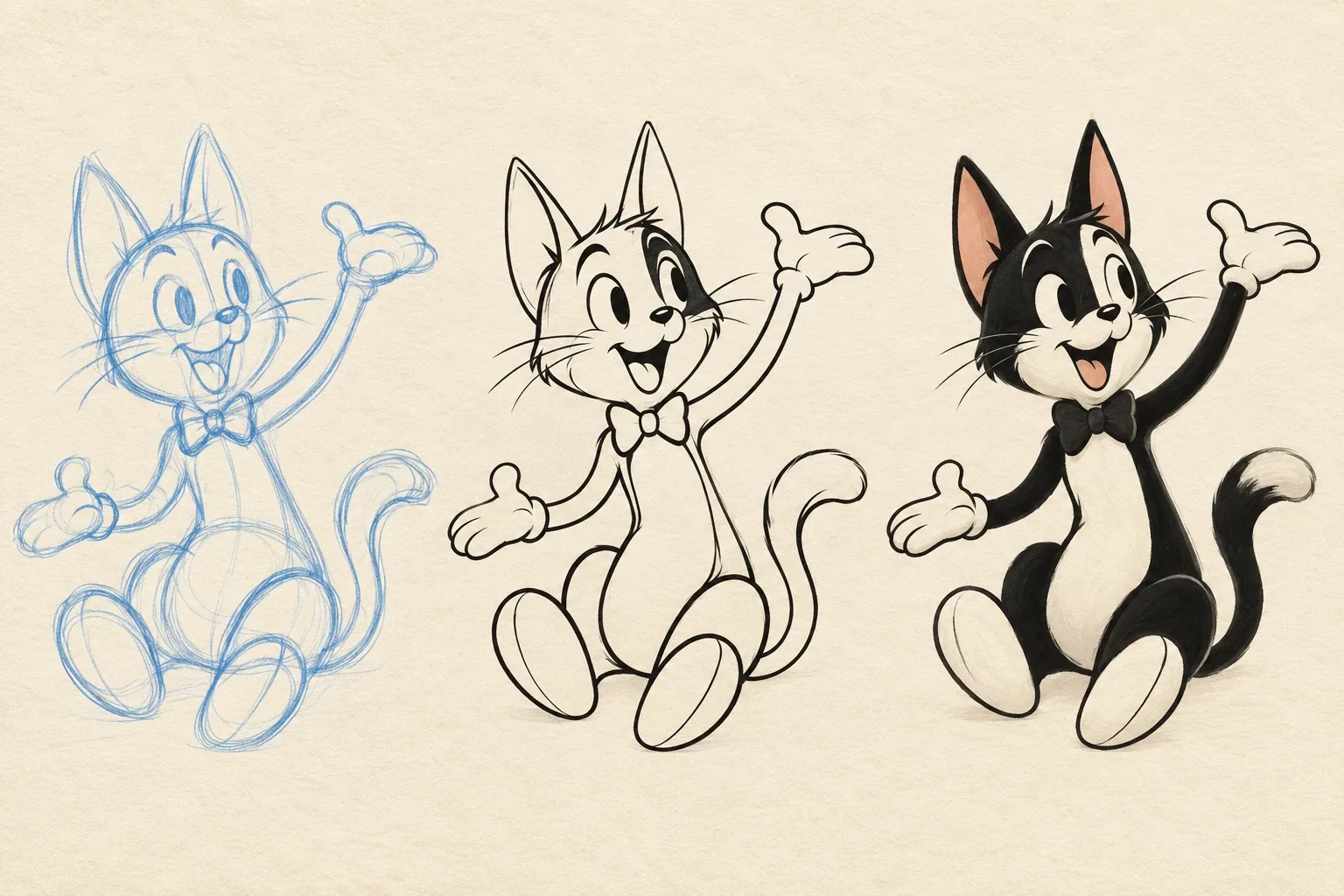 A bouncy cartoon cat progresses from construction lines to ink contours and finished black-and-cream color.
