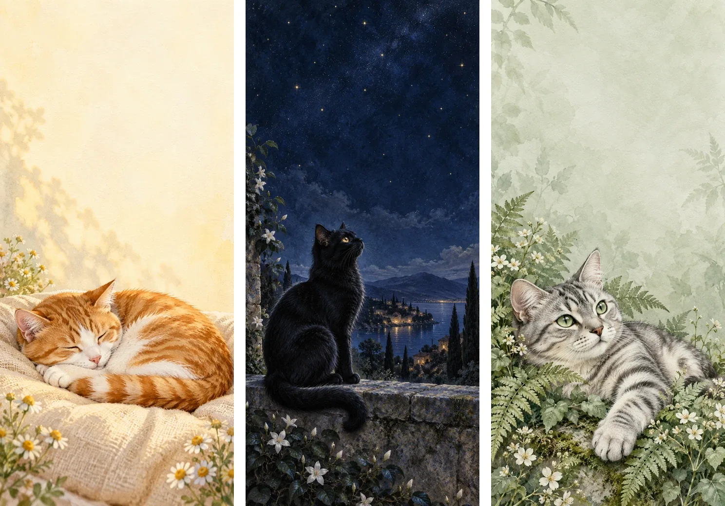 Sunspot sleeping ginger cat, Midnight stargazing black cat and Sage reclining silver tabby wallpapers.