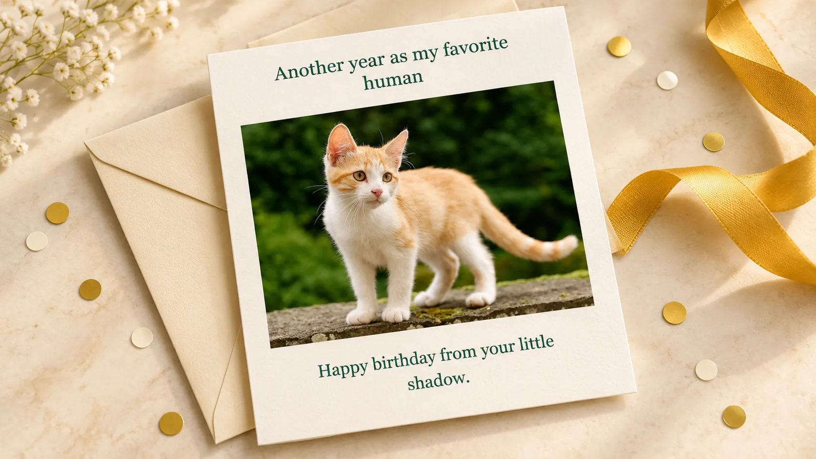 Cat Photo Birthday Card Ideas with Editable Layouts A birthday card featuring an orange-and-white kitten, beside an envelope and yellow ribbon.