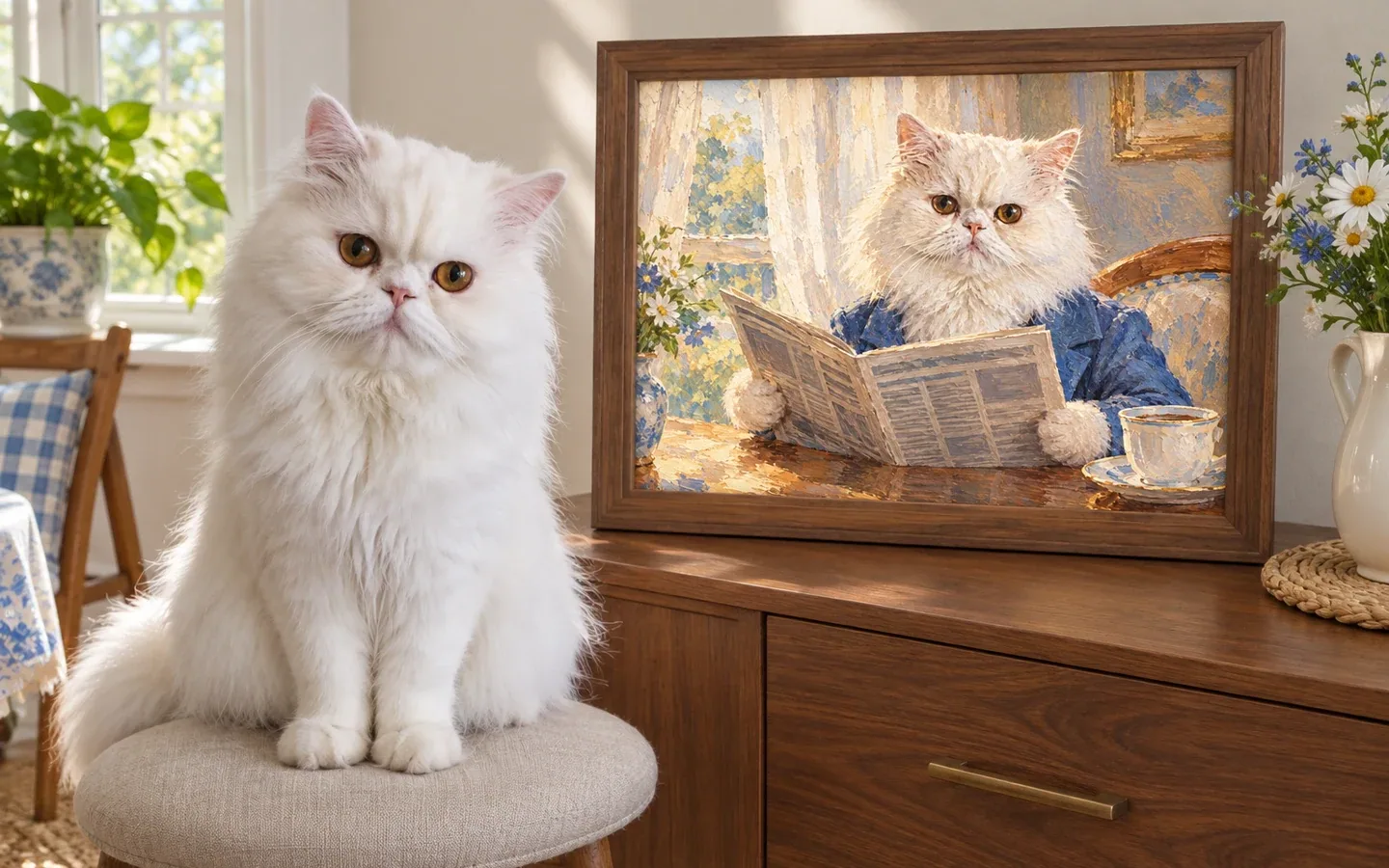 persian cat beside its framed portrait in a home display