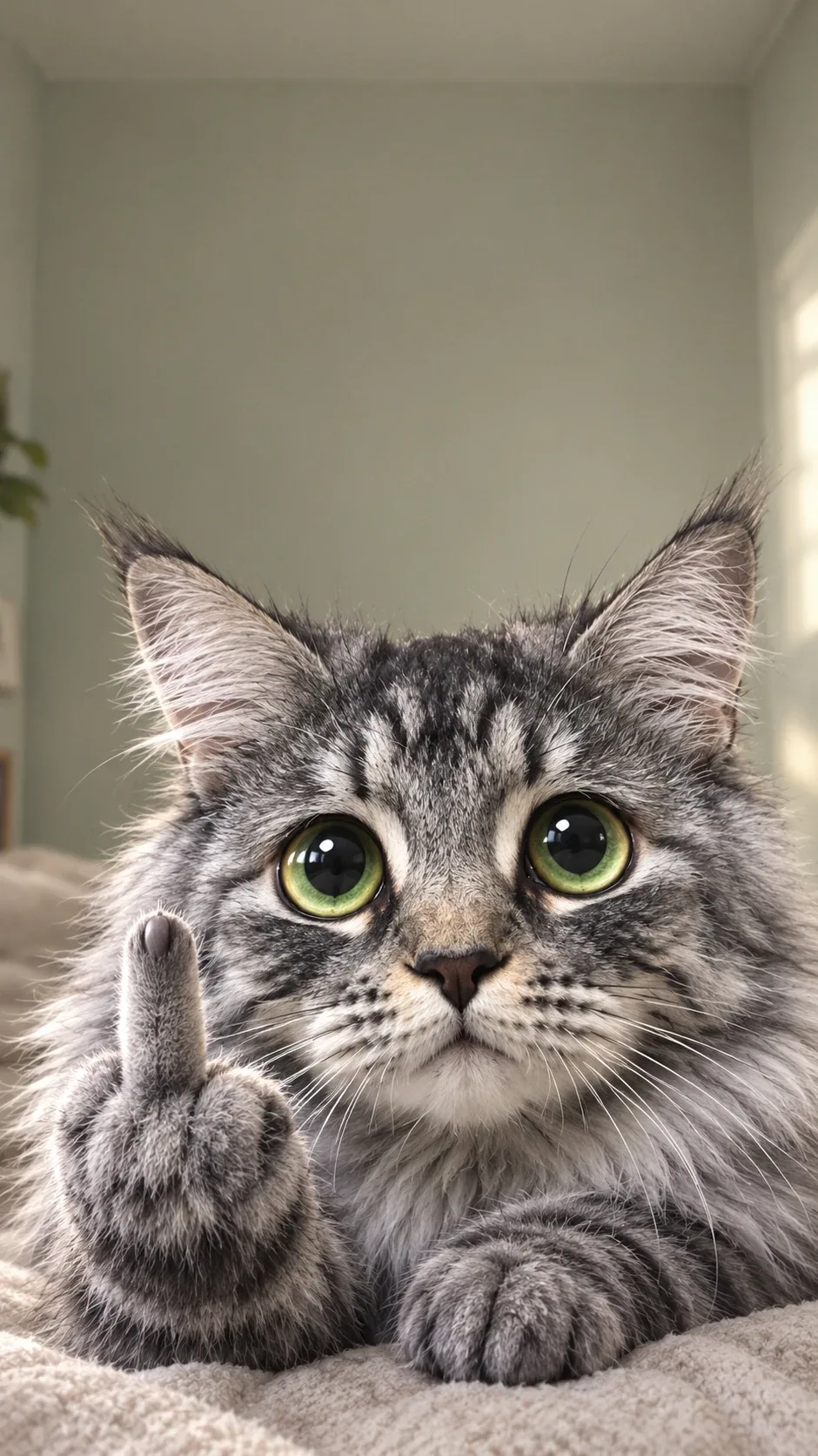 An innocent big-eyed cat giving a furry middle-finger gesture generated from the same cat photo