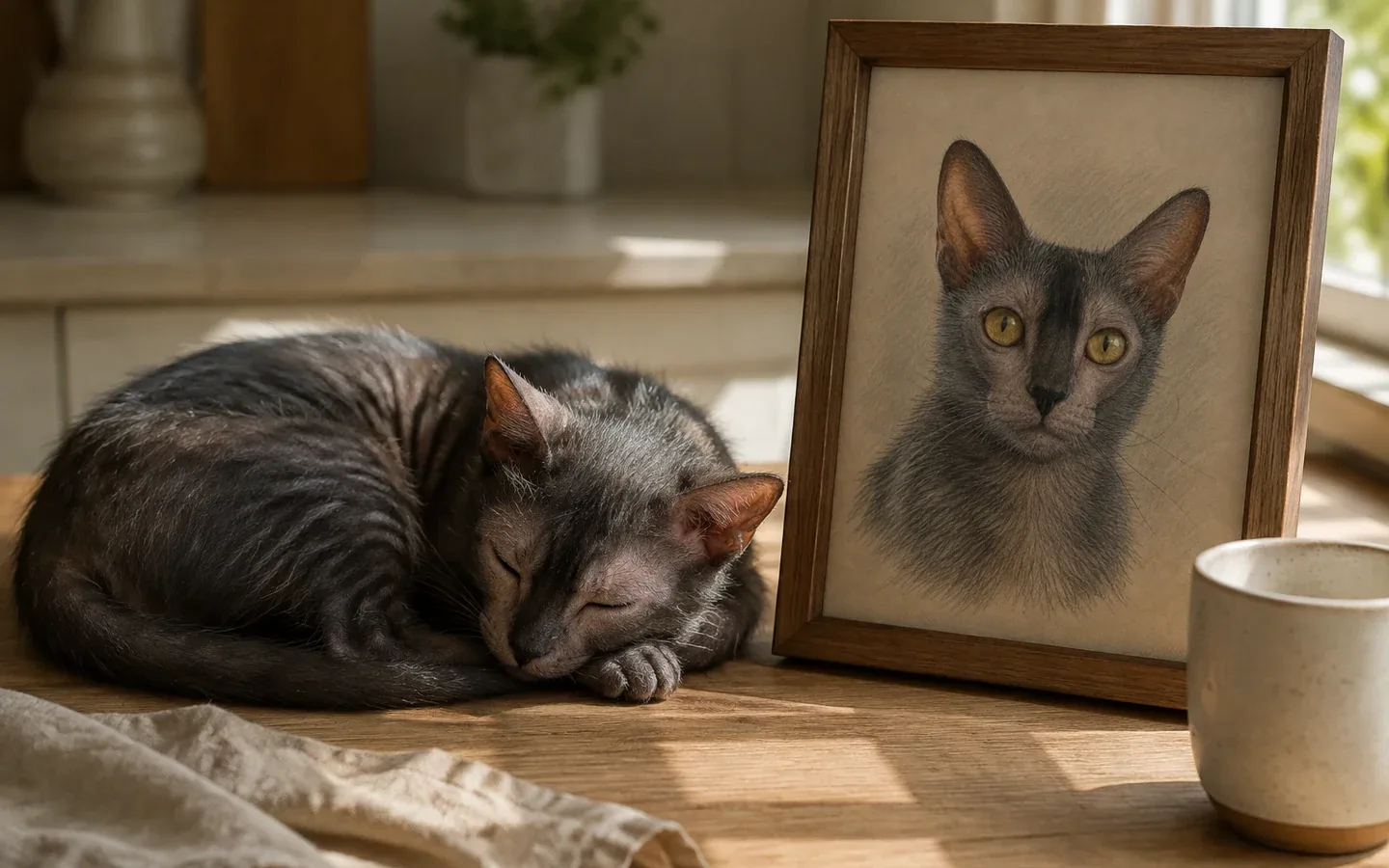 charcoal-roan Lykoi cat beside its framed portrait in a home display
