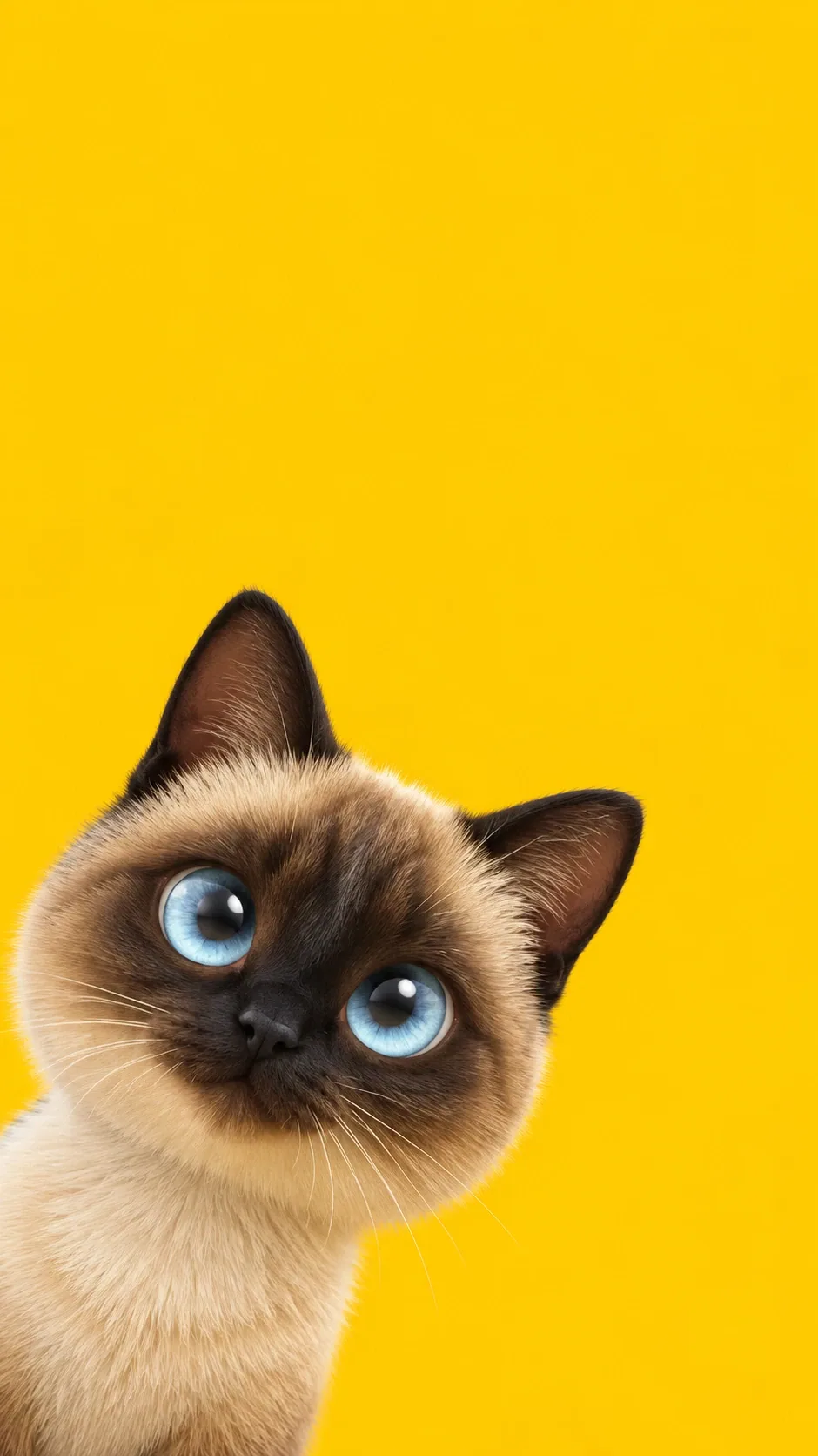 A rounded 3D chibi cat with glossy eyes peeks into a bold yellow field. of the same seal-point siamese