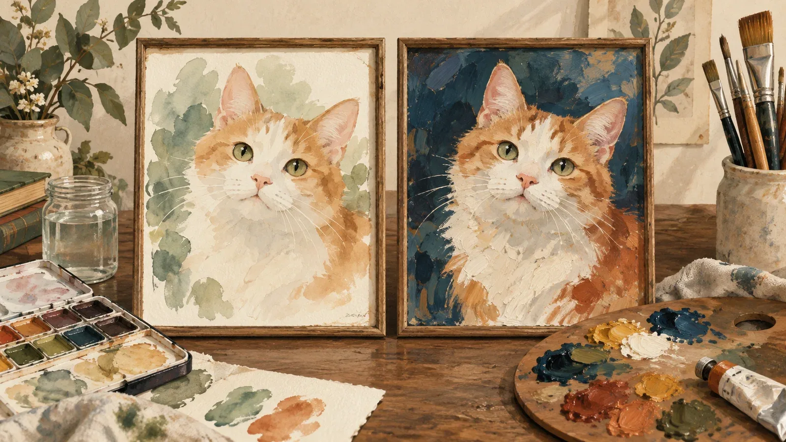 Watercolor and oil-inspired cat portraits beside their respective painting supplies.