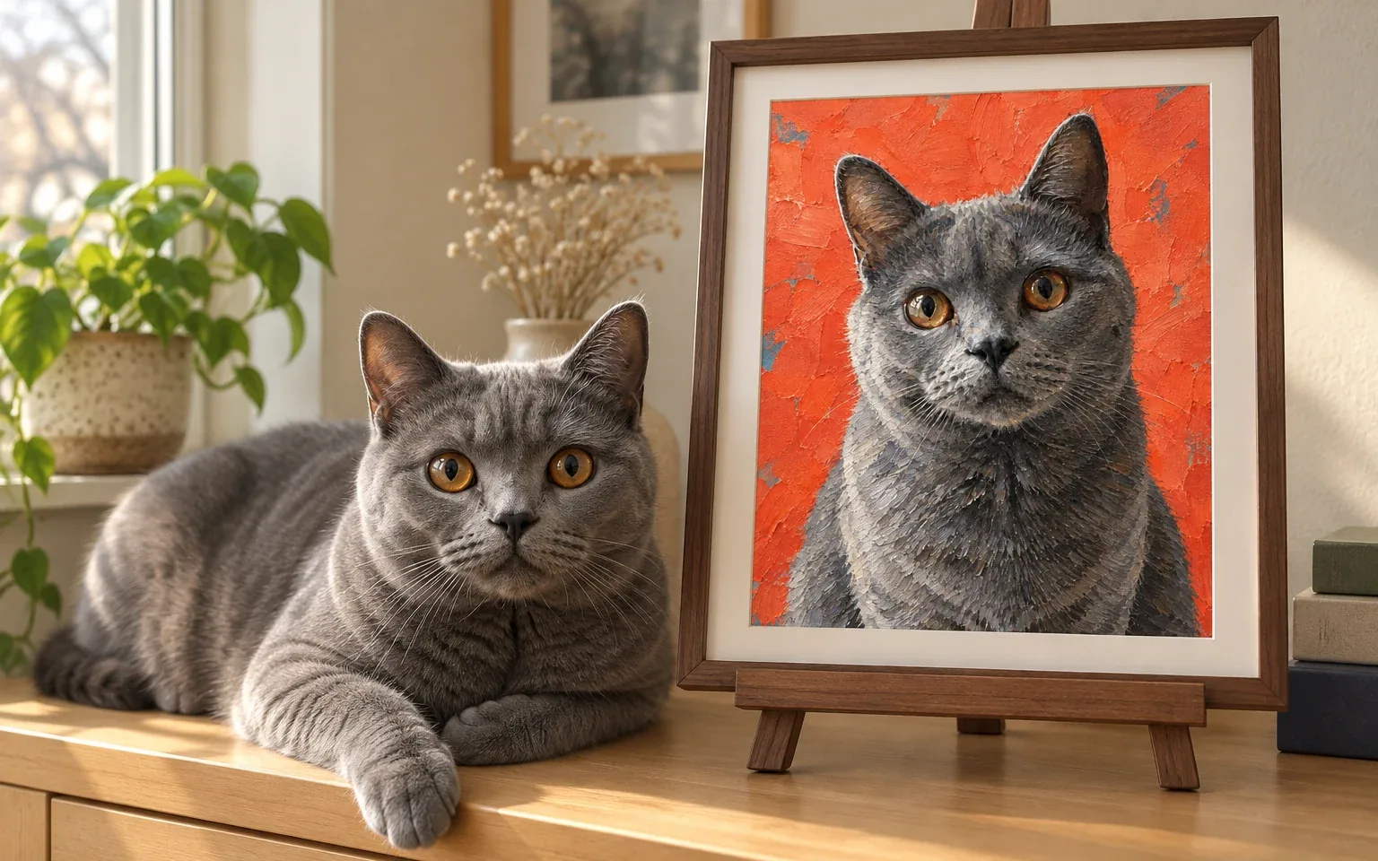 The same blue-gray Chartreux in a natural home pose beside its framed textured color oil digital portrait