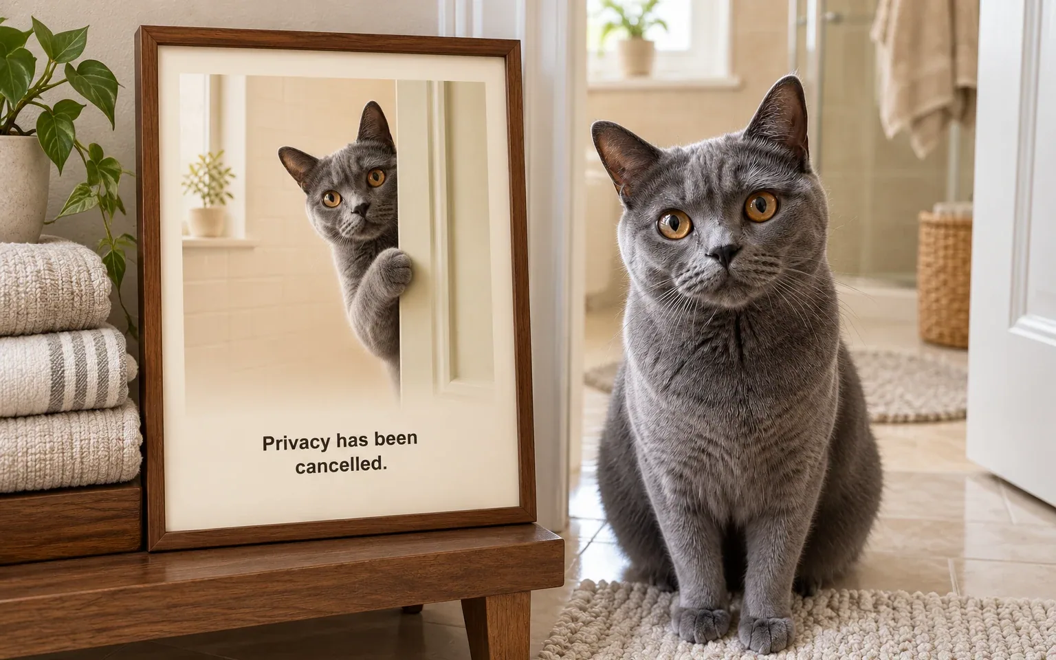The same blue-gray chartreux in a natural home pose beside its framed bathroom supervisor cat portrait