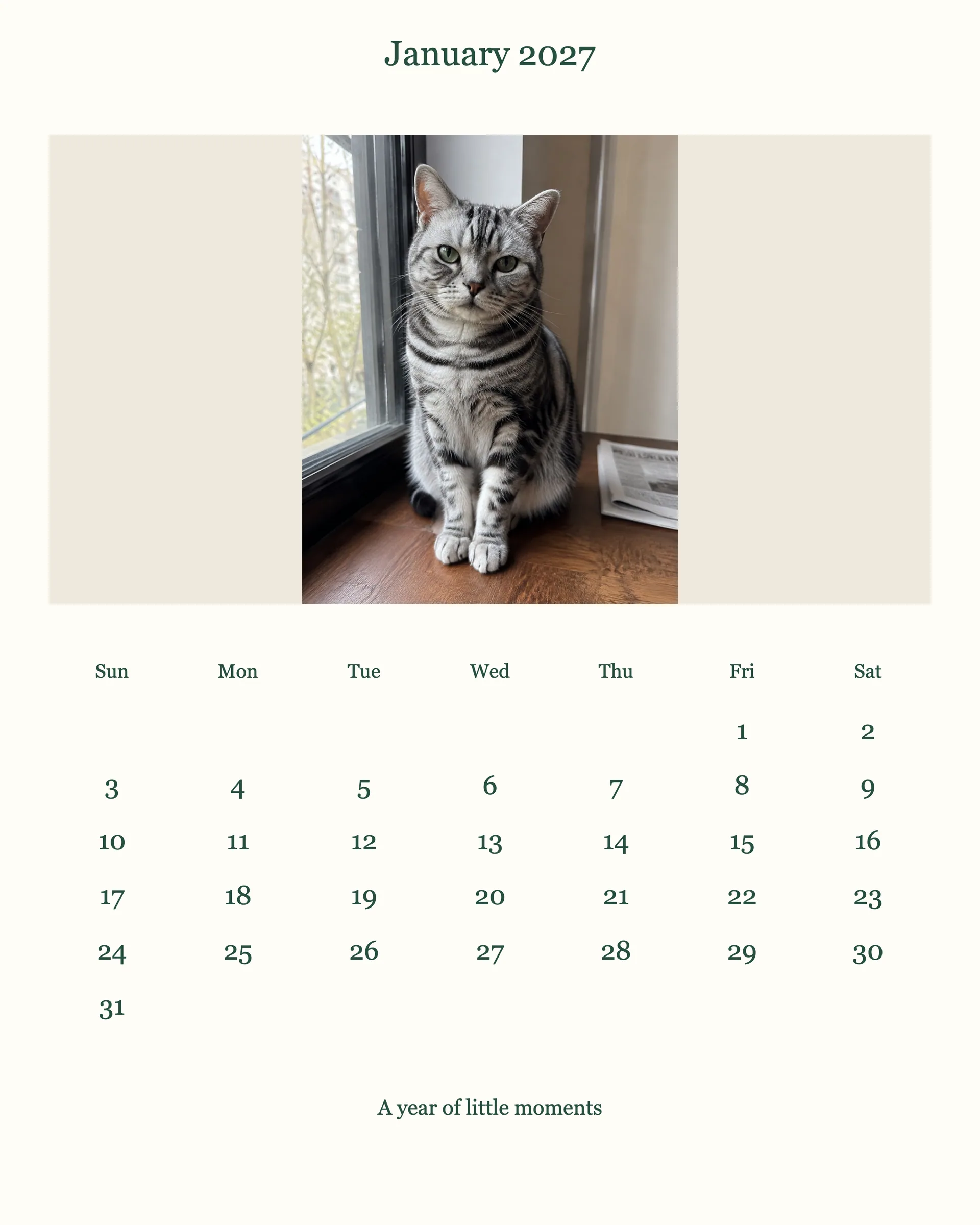 A January 2027 photo calendar exported from the linked editor, showing the full date grid.