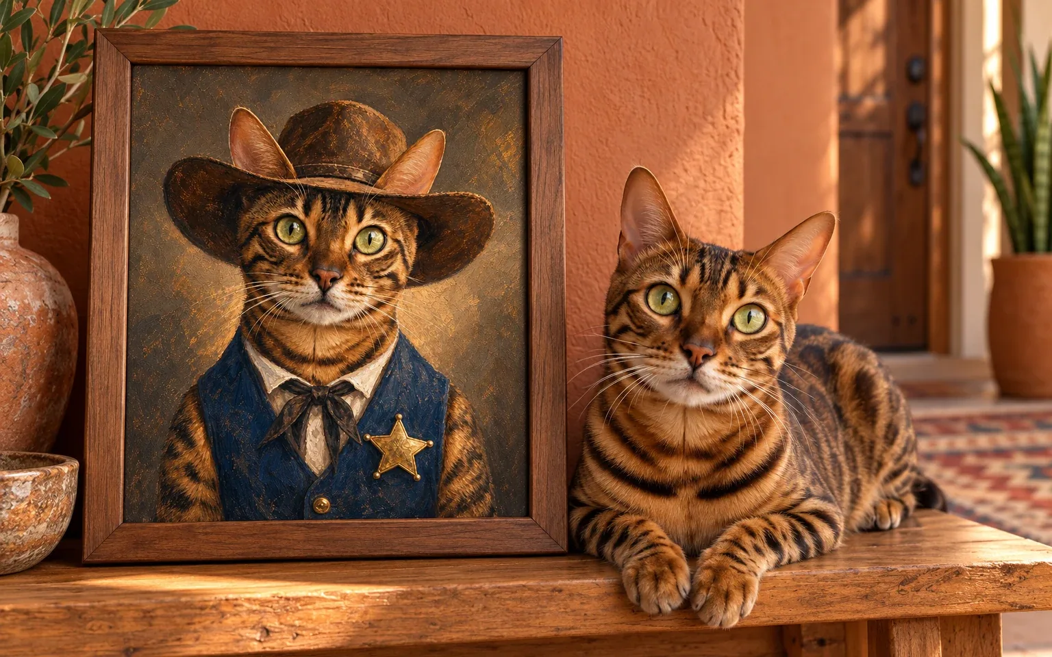 The same spotted bengal in a natural home pose beside its framed cowboy sheriff cat portrait