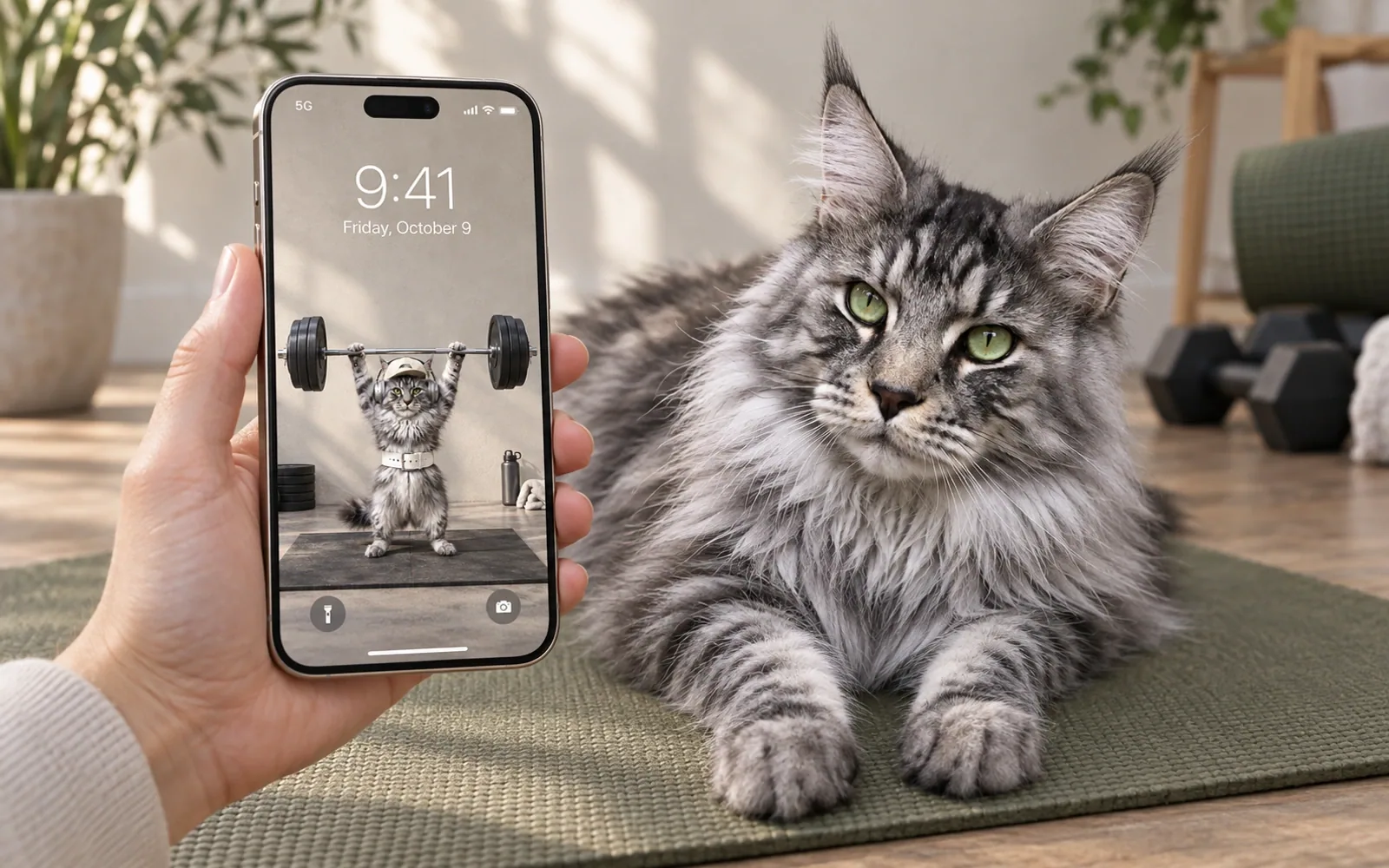 A hand-held iPhone displaying barbell lifter cat wallpaper beside the same real cat in a home workout corner with an olive exercise mat and small dumbbells far in background