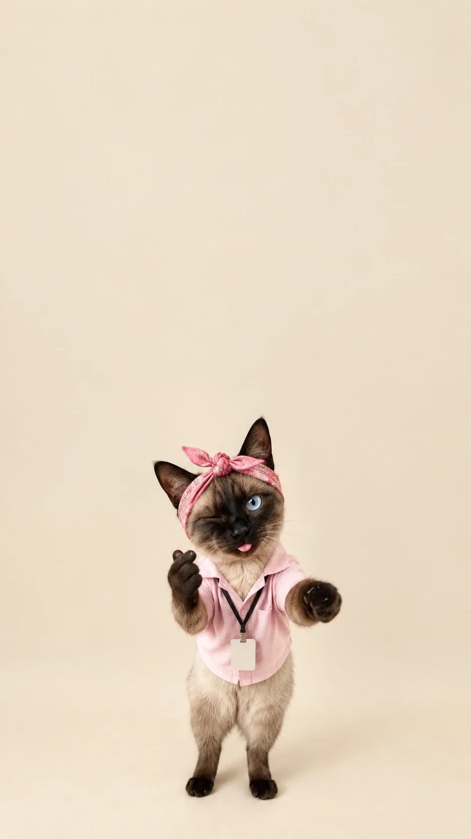 A full standing cat in a pink shirt gives a cheeky wink and a tiny finger-heart paw gesture. of the same seal-point siamese
