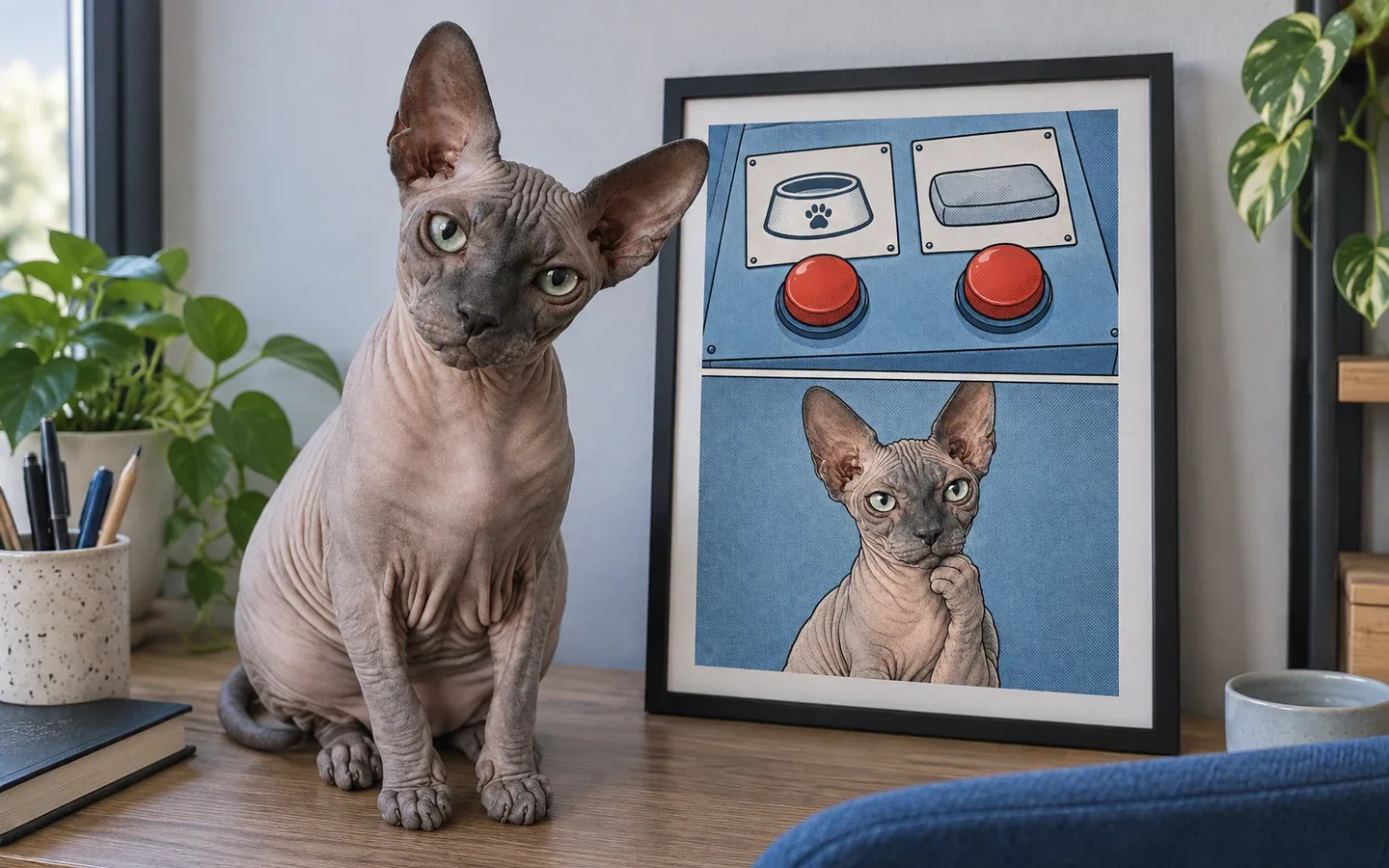 sphynx cat beside its framed portrait in a home display