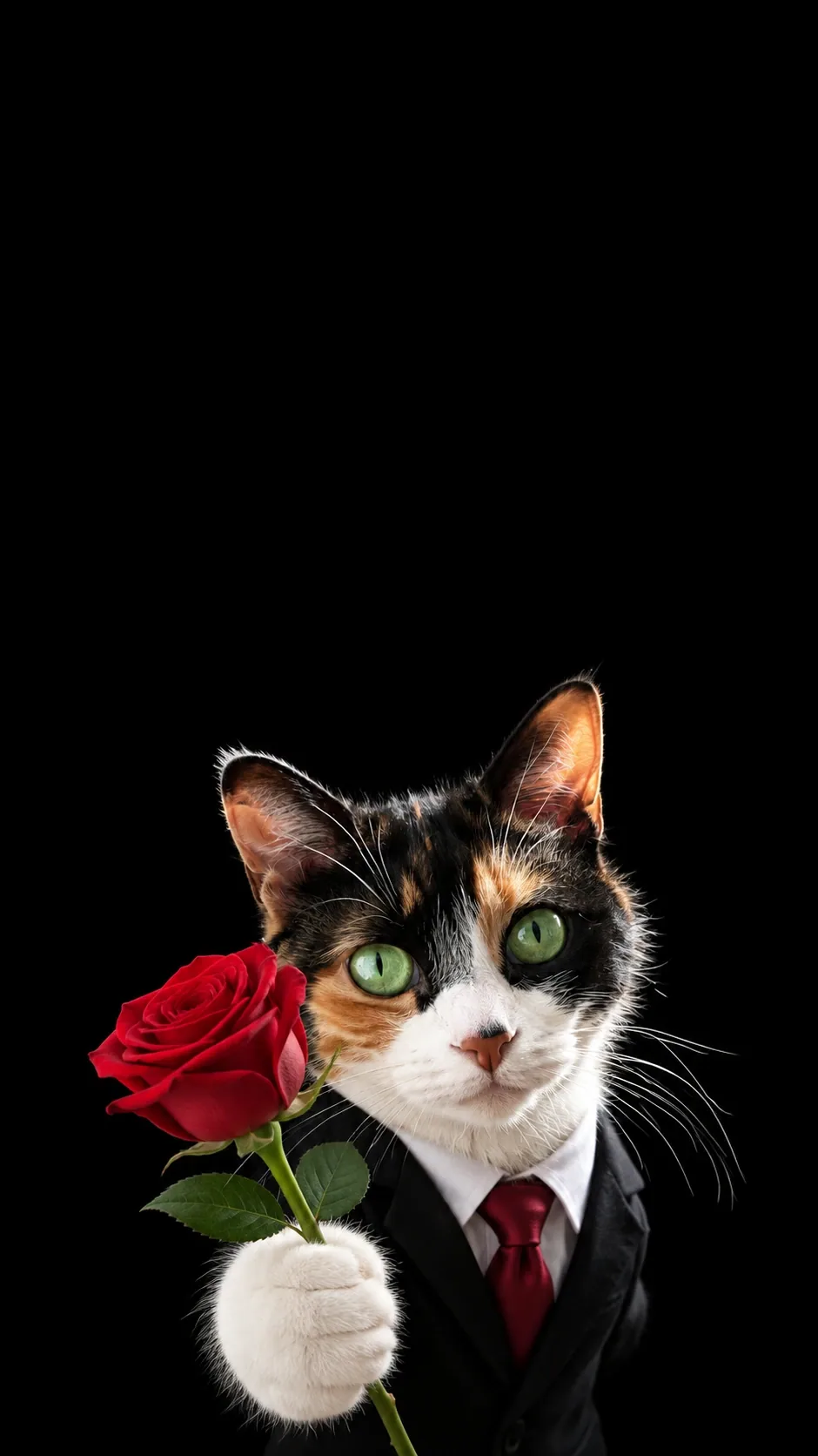 Your cat offers a single red rose in a tiny black suit against deep black. generated from the same cat photo