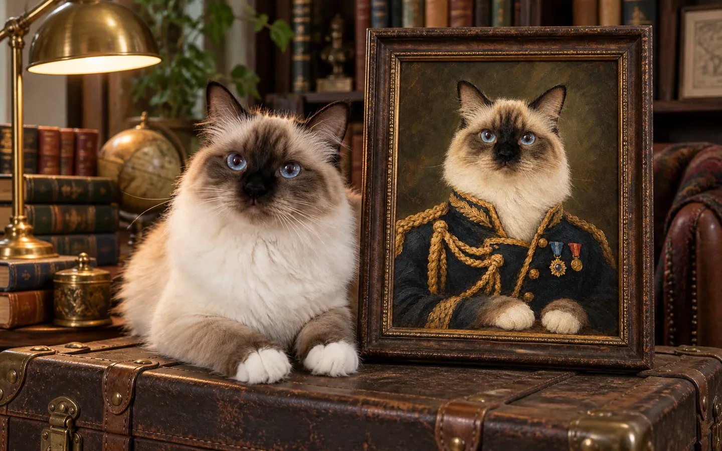 seal-point Birman cat beside its framed portrait in a home display