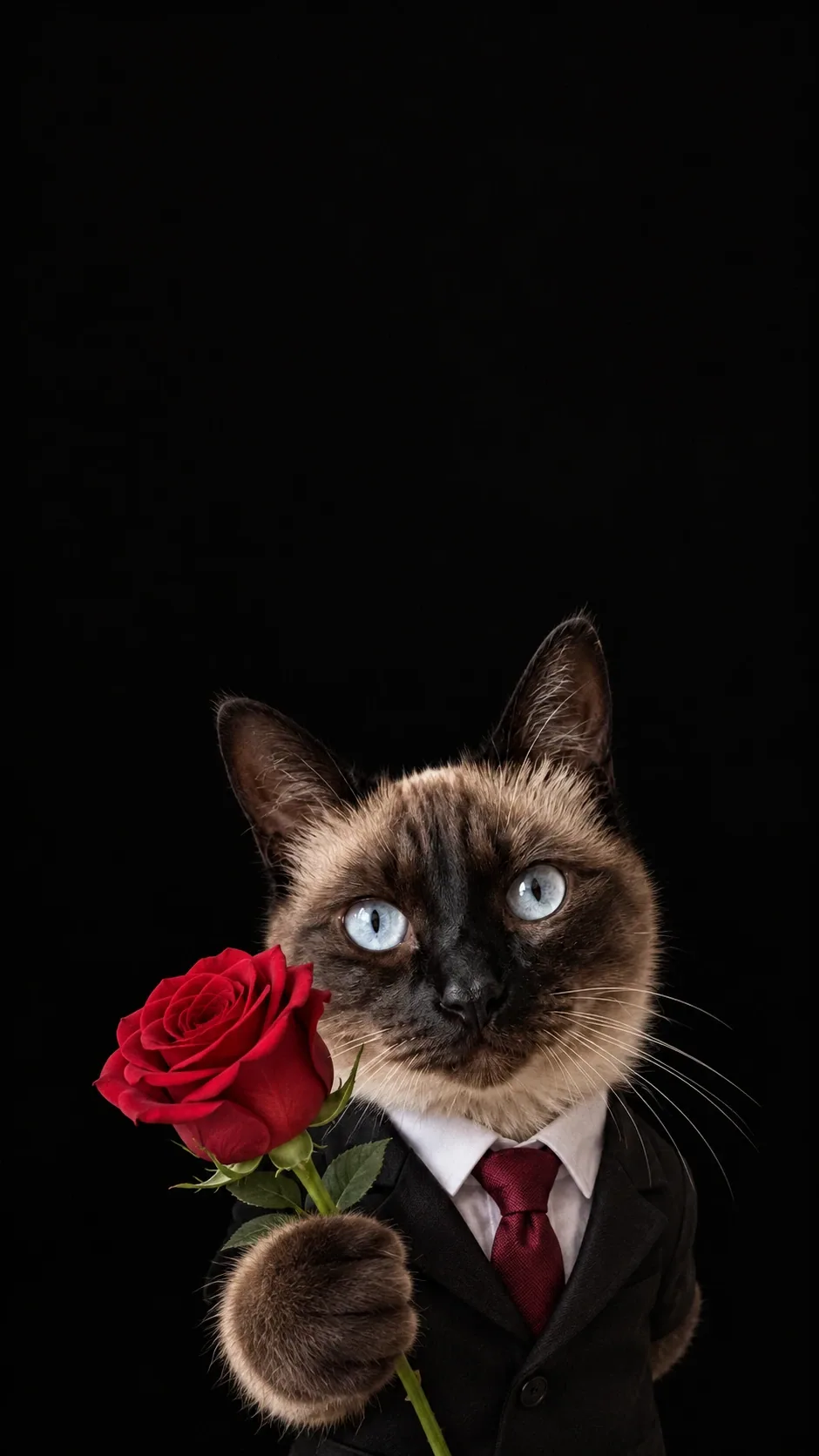 Your cat offers a single red rose in a tiny black suit against deep black. of the same seal-point siamese
