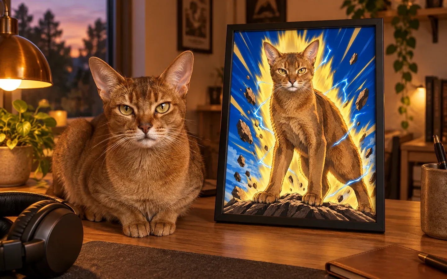 ruddy Abyssinian cat beside its framed portrait in a home display