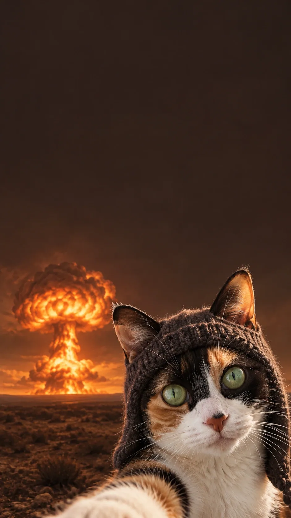 Huge innocent eyes peek from a dark wool hood while a mushroom cloud lights the horizon. of the same calico shorthair