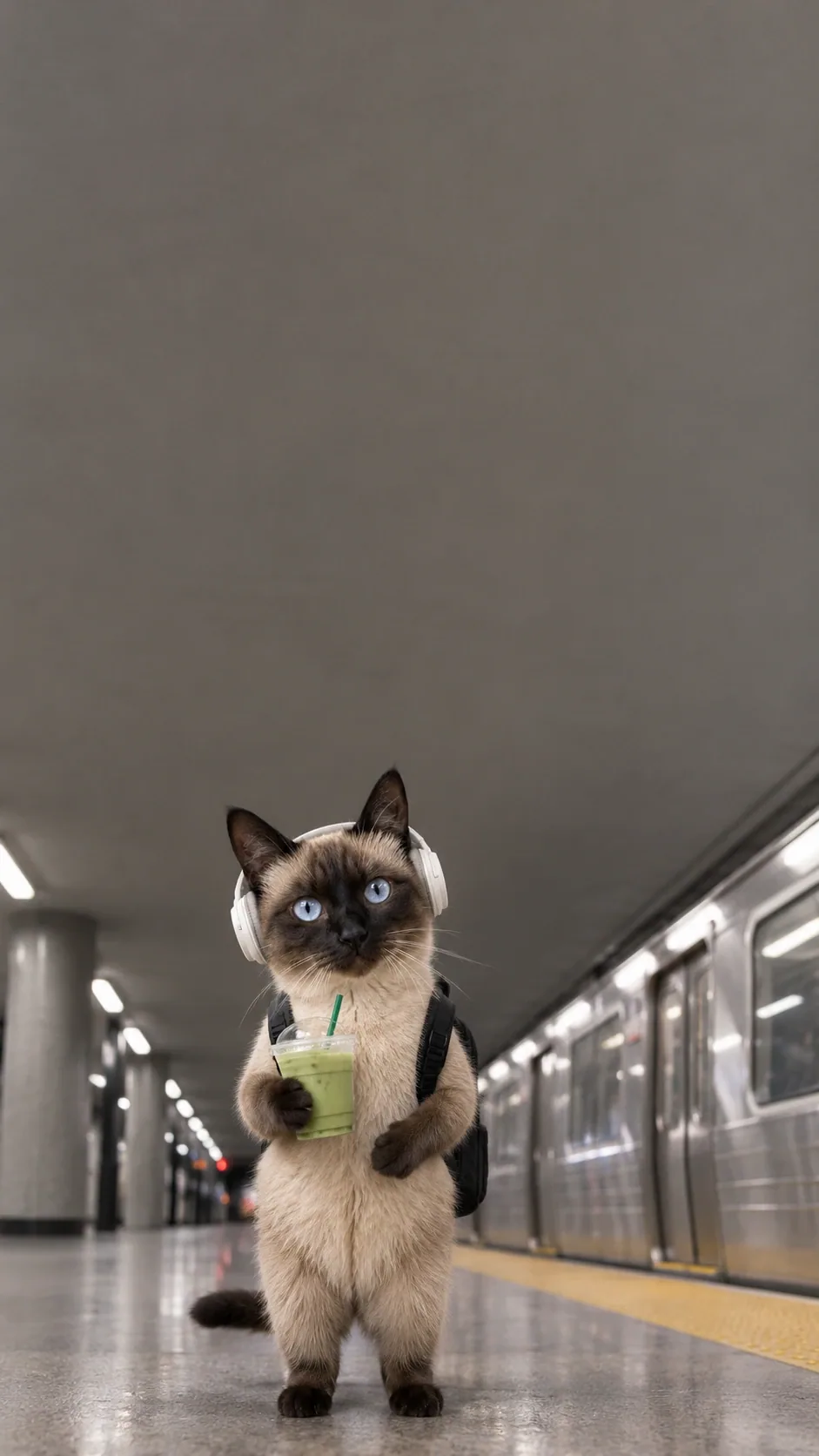 A tiny headphone-wearing cat waits for the train with a backpack and green drink. of the same seal-point siamese