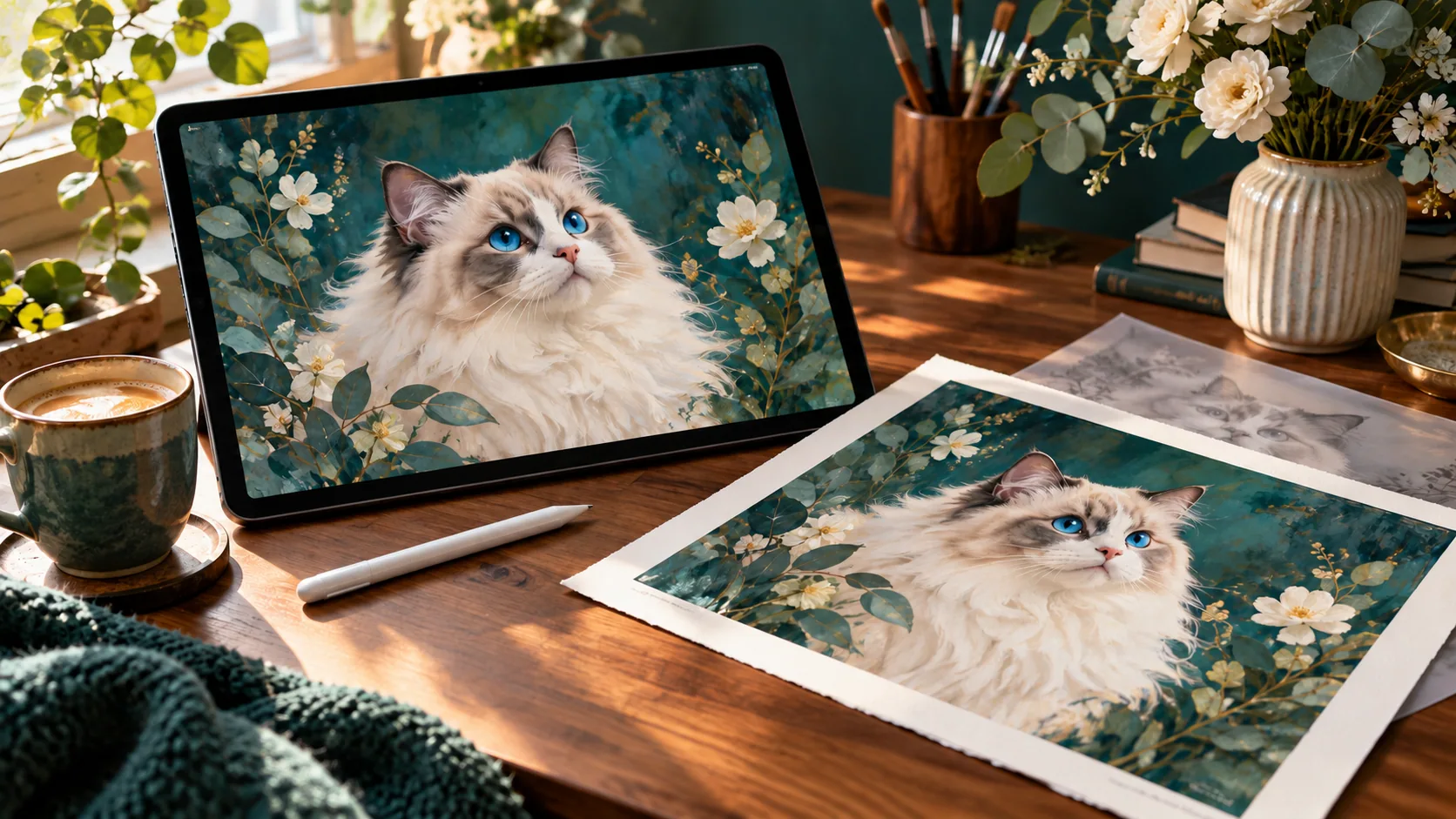 A detailed ragdoll artwork shown on a tablet and fine-art print at an artist desk