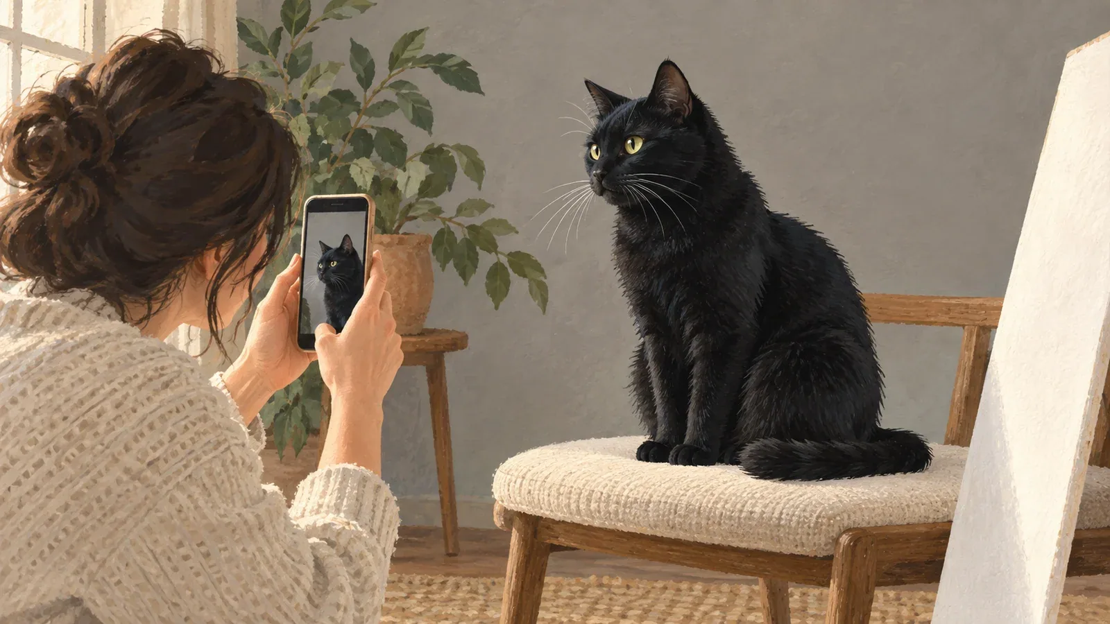 A black cat photographed against a gray background with window light and a white reflector.