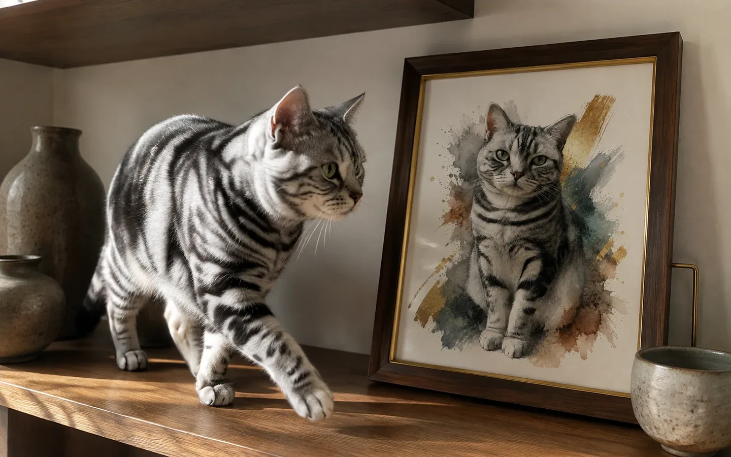 silver tabby American Shorthair cat beside its framed portrait in a home display
