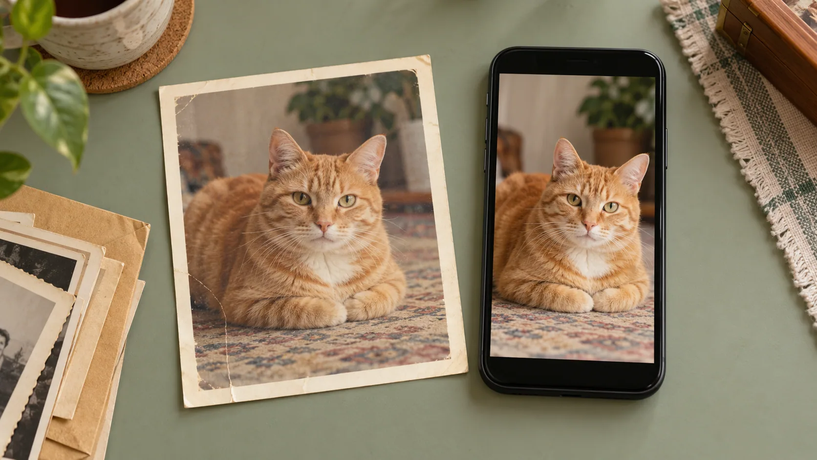 How to Scan Old Photos and Keep a Useful Digital Copy An old printed orange-tabby photograph beside a phone displaying its digital copy.