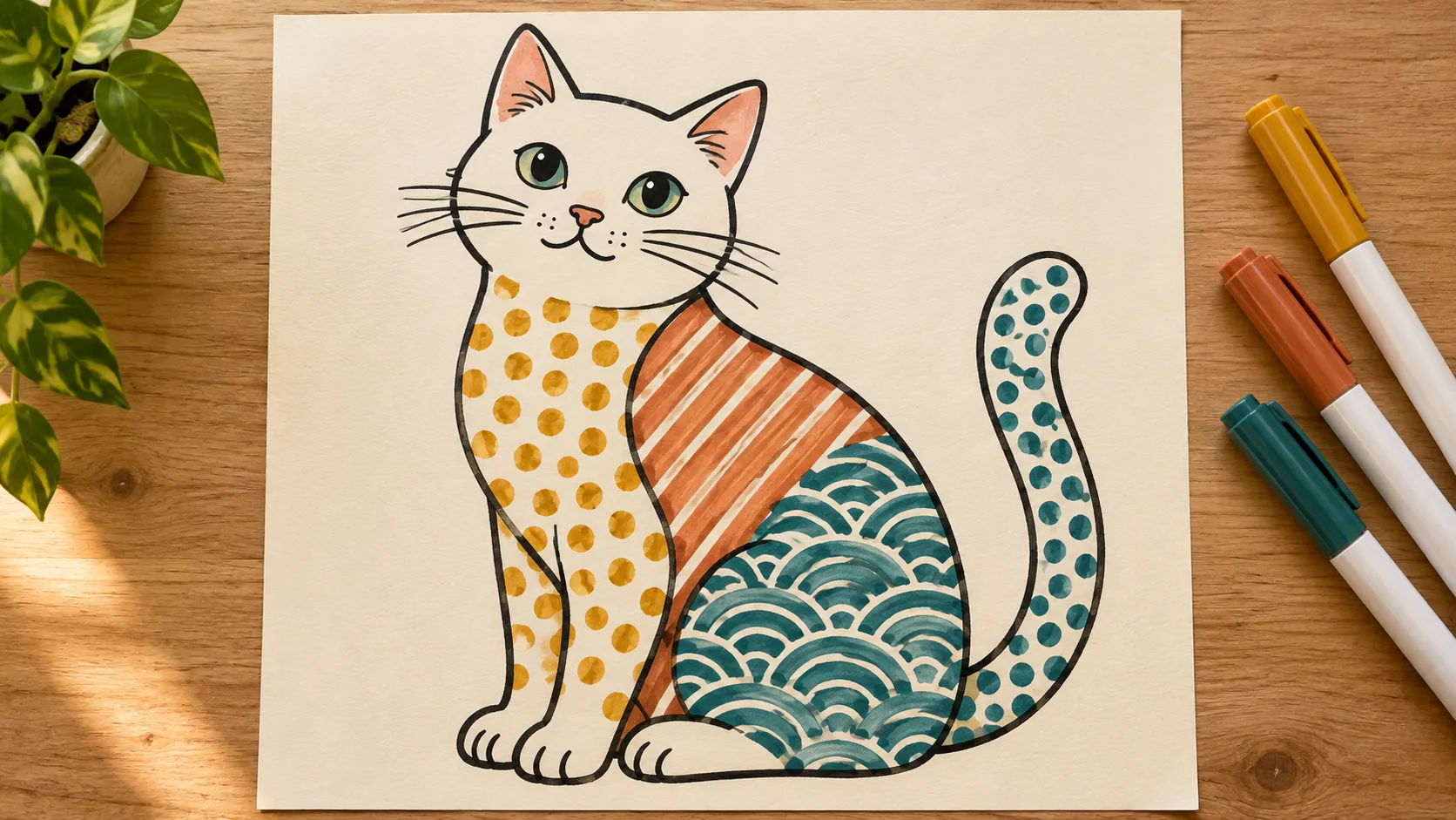 A completed cat drawing uses dots, diagonal stripes and waves while keeping the face clear.