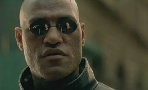 Matrix Morpheus meme reference showing a composed close-up with dark glasses.