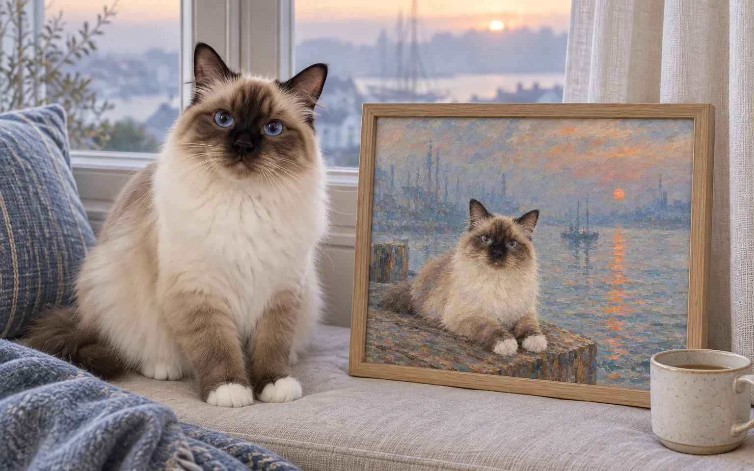 seal-point Birman cat beside its framed portrait in a home display