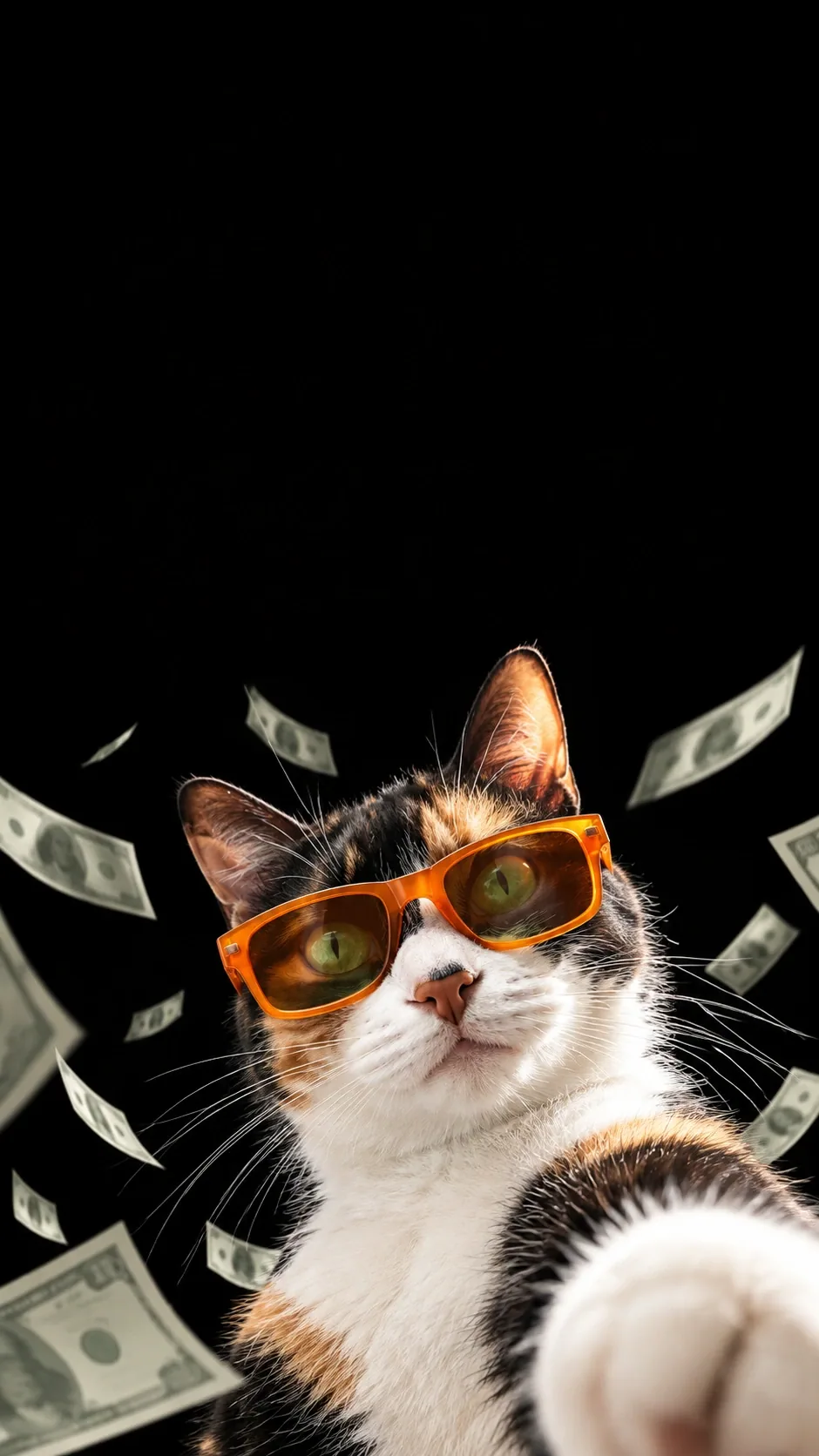 Orange sunglasses, a confident low-angle selfie, and drifting novelty banknotes. of the same calico shorthair
