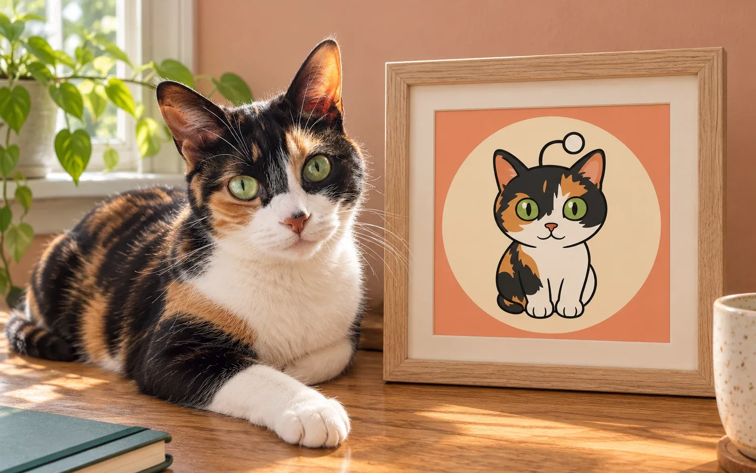 The same calico shorthair in a natural home pose beside its framed reddit cat avatar cat portrait
