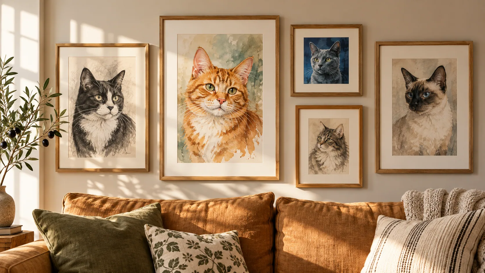 Cat Portrait Gallery Wall: Three Measured Layouts Five beautifully framed cat portraits arranged above a warm caramel sofa