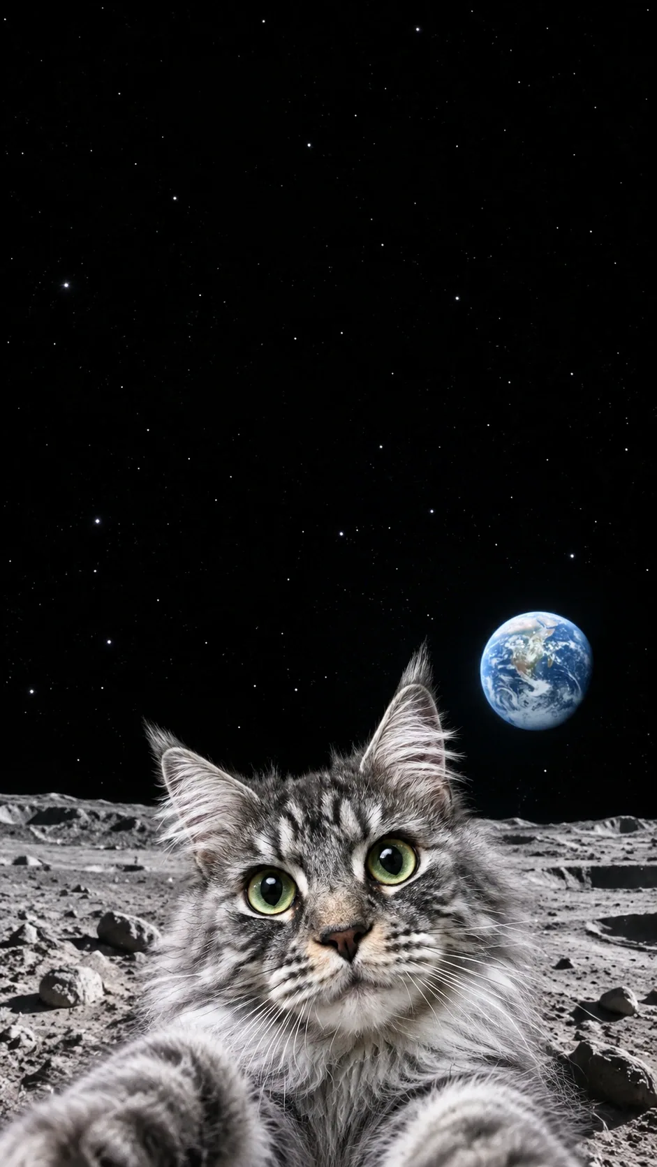 Your cat gazes upward in a close lunar selfie with two paws reaching toward the lens. of the same silver tabby maine coon