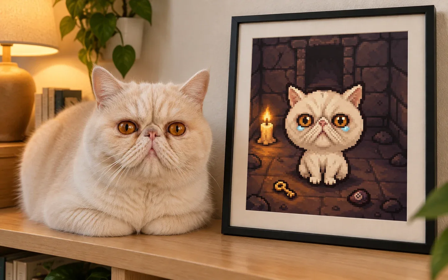 cream Exotic Shorthair cat beside its framed portrait in a home display