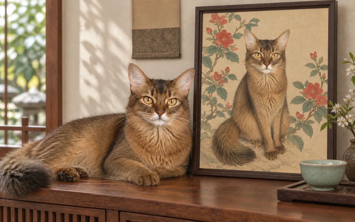 red Somali cat beside its framed portrait in a home display
