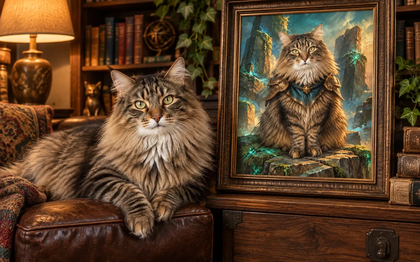brown tabby Norwegian Forest cat beside its framed portrait in a home display