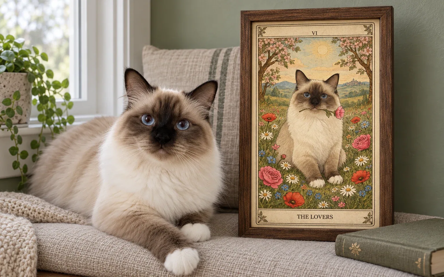 The same seal-point birman in a natural home pose beside its framed major arcana tarot cat portrait