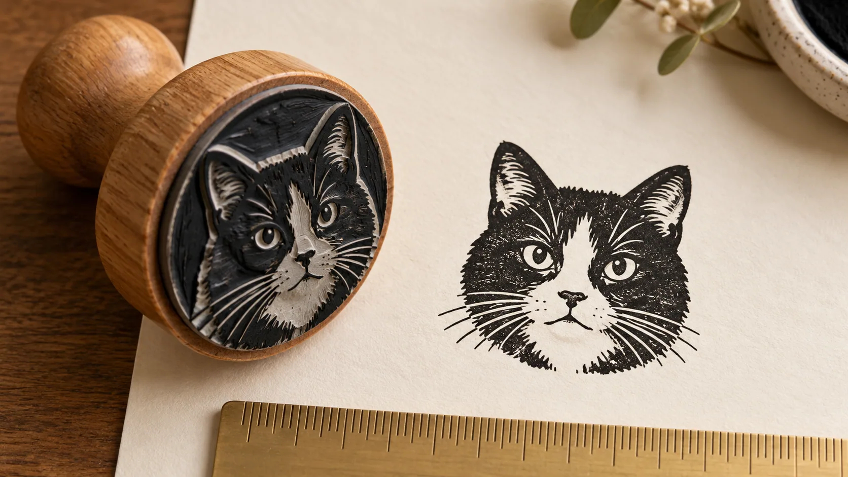 A wooden cat-face stamp beside a black impression on cream paper and a scale ruler.