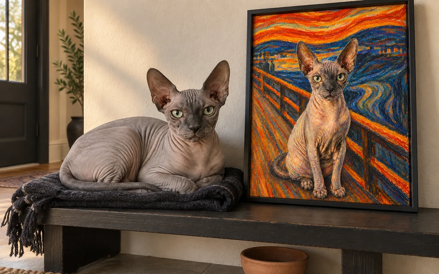 gray Sphynx cat beside its framed portrait in a home display