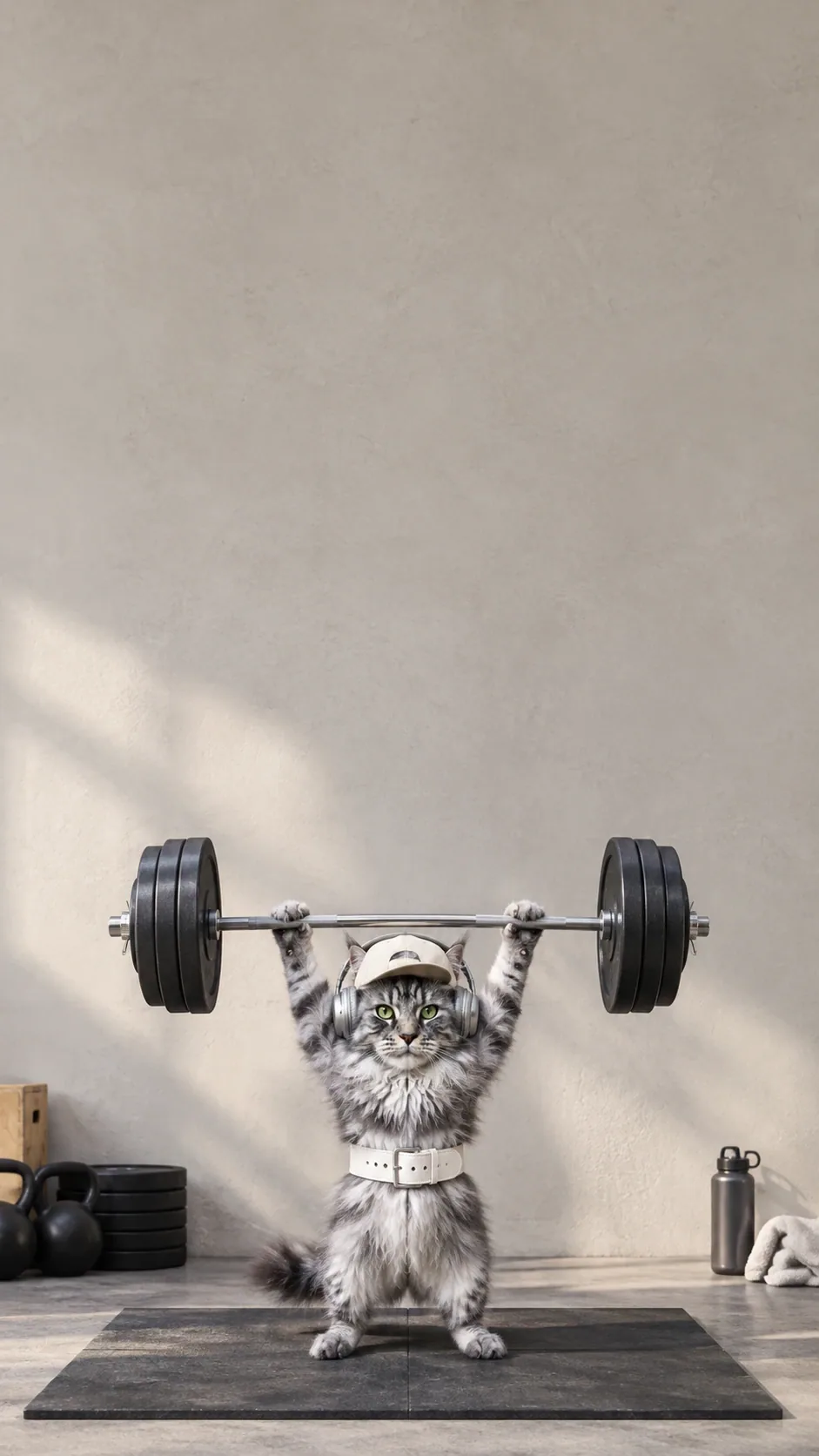 A tiny determined weightlifter, an oversized barbell, and a quiet gym. generated from the same cat photo