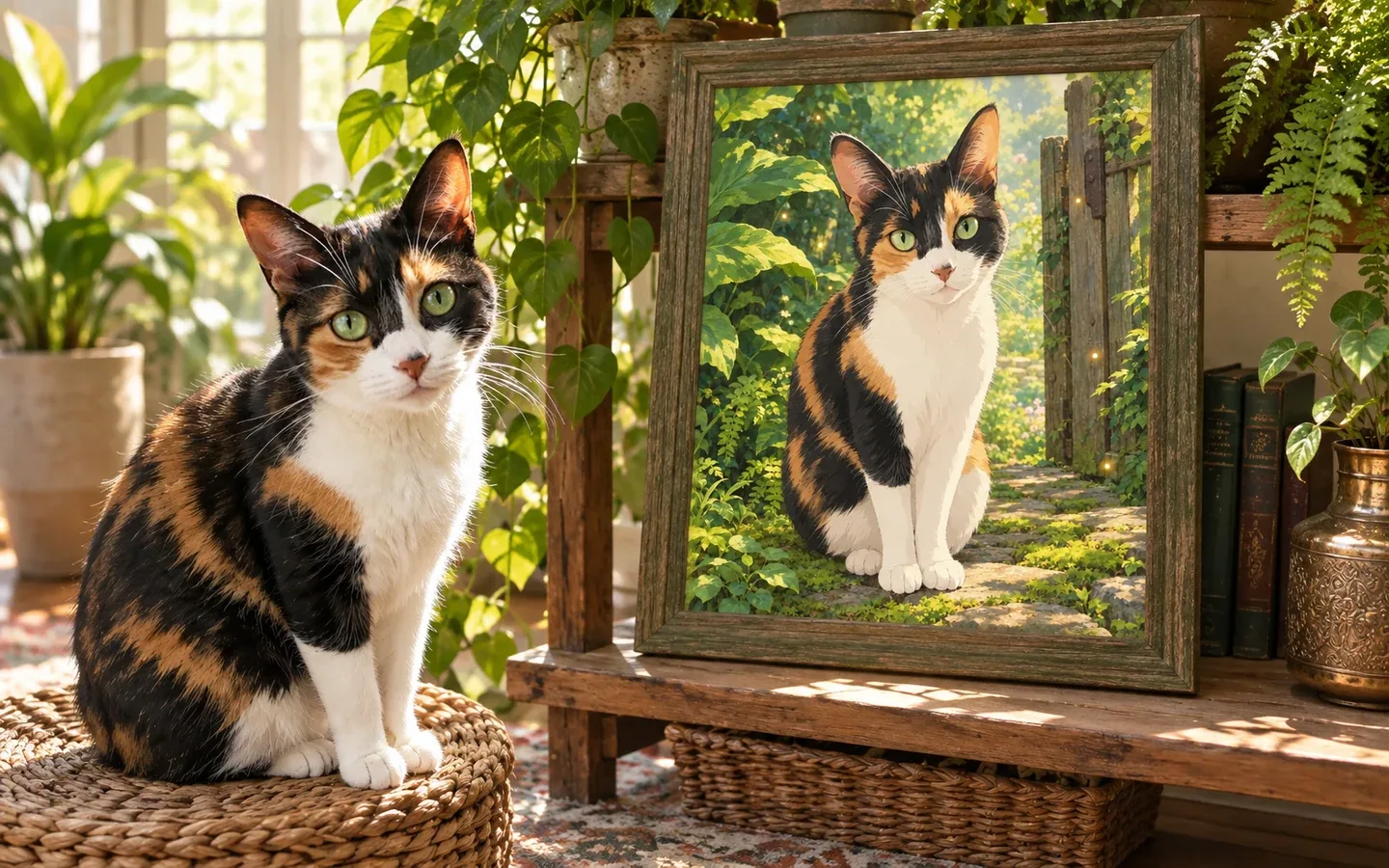calico shorthair cat beside its framed portrait in a home display