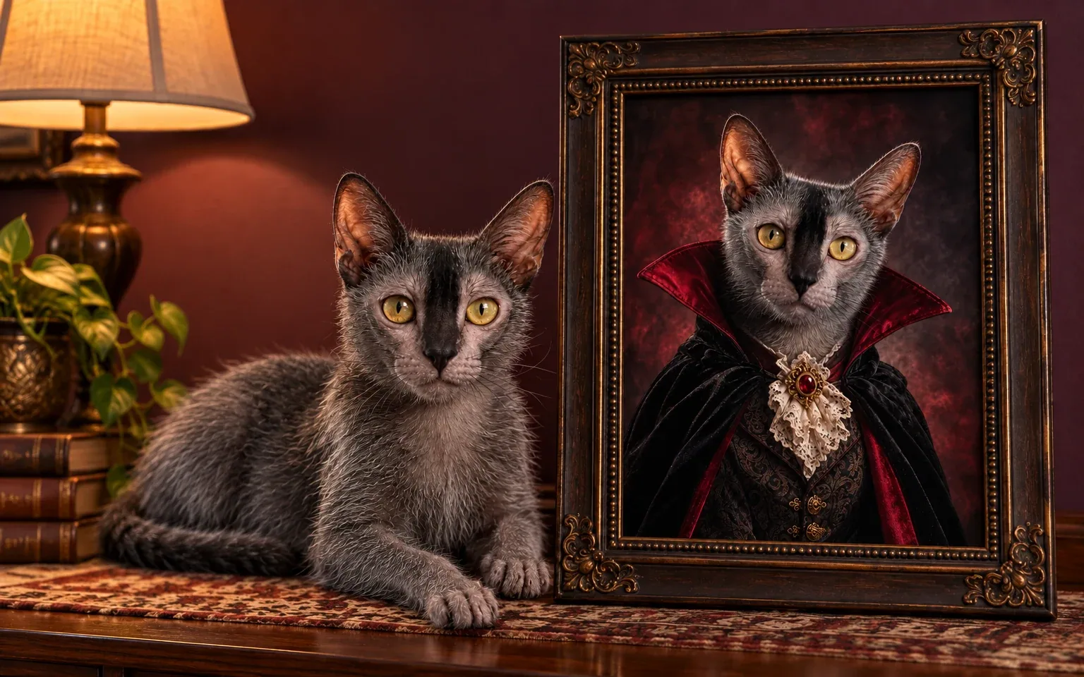 The same charcoal-roan lykoi in a natural home pose beside its framed vampire count cat portrait