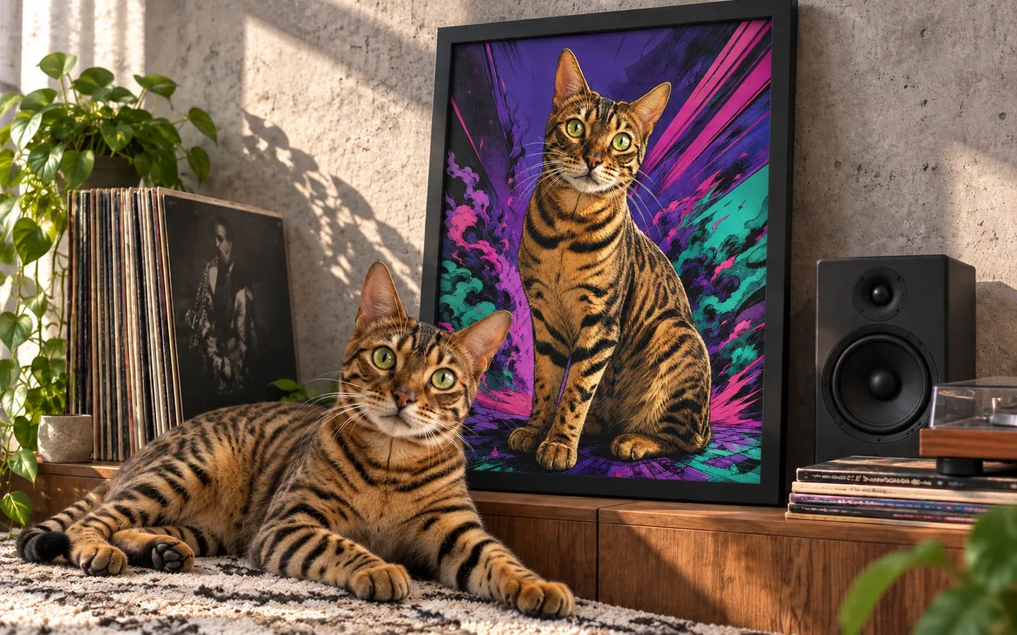 brown spotted Bengal cat beside its framed portrait in a home display
