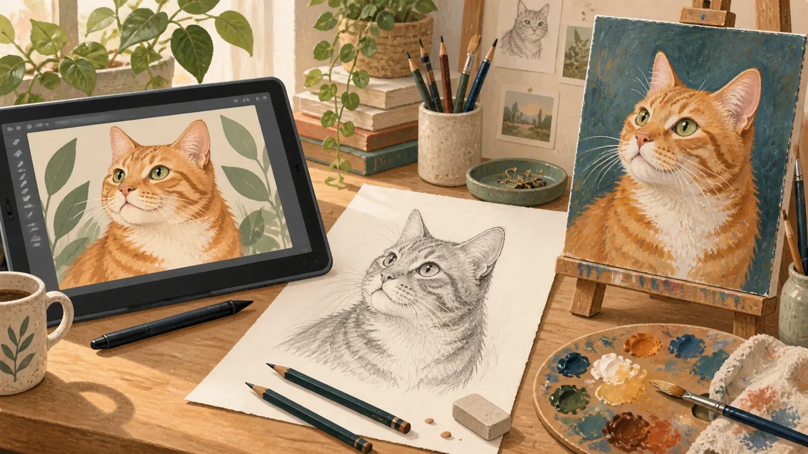 Digital, pencil and painted cat portraits with their tools on an artist's desk.