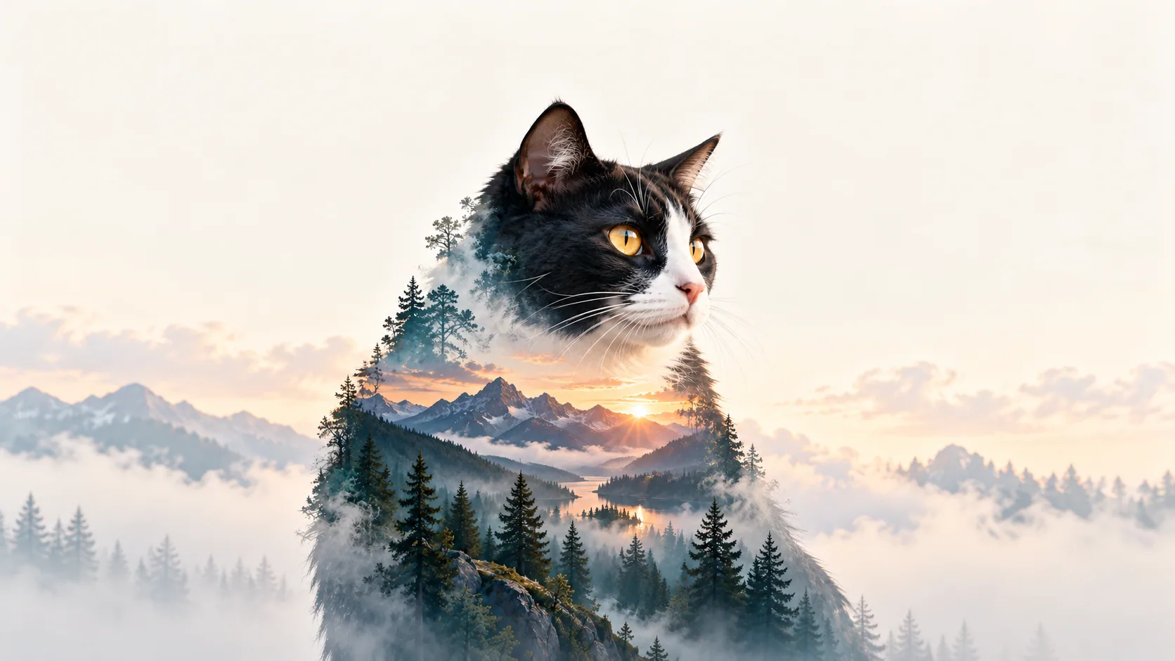 A recognizable tuxedo cat with amber eyes blends into a pine forest and mountain sunrise.