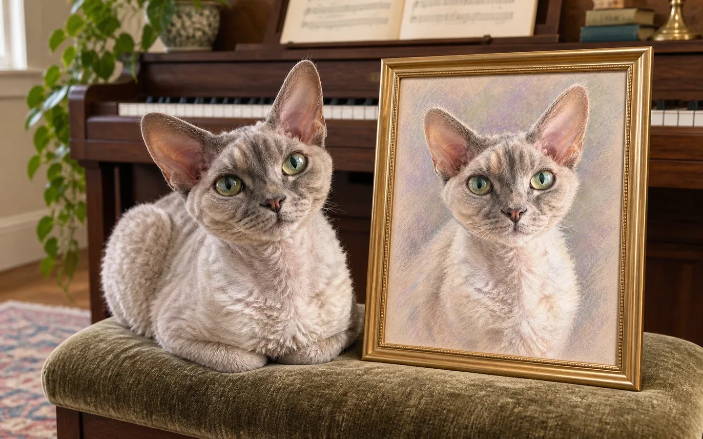 cream-gray Devon Rex cat beside its framed portrait in a home display