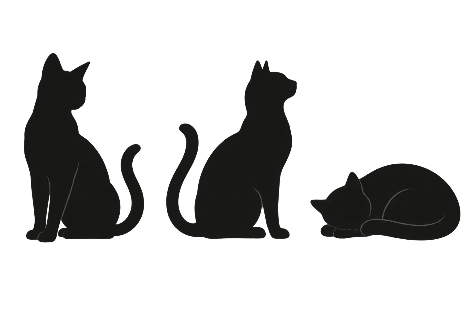 A seated cat, side profile and sleeping cat with graceful natural outlines.