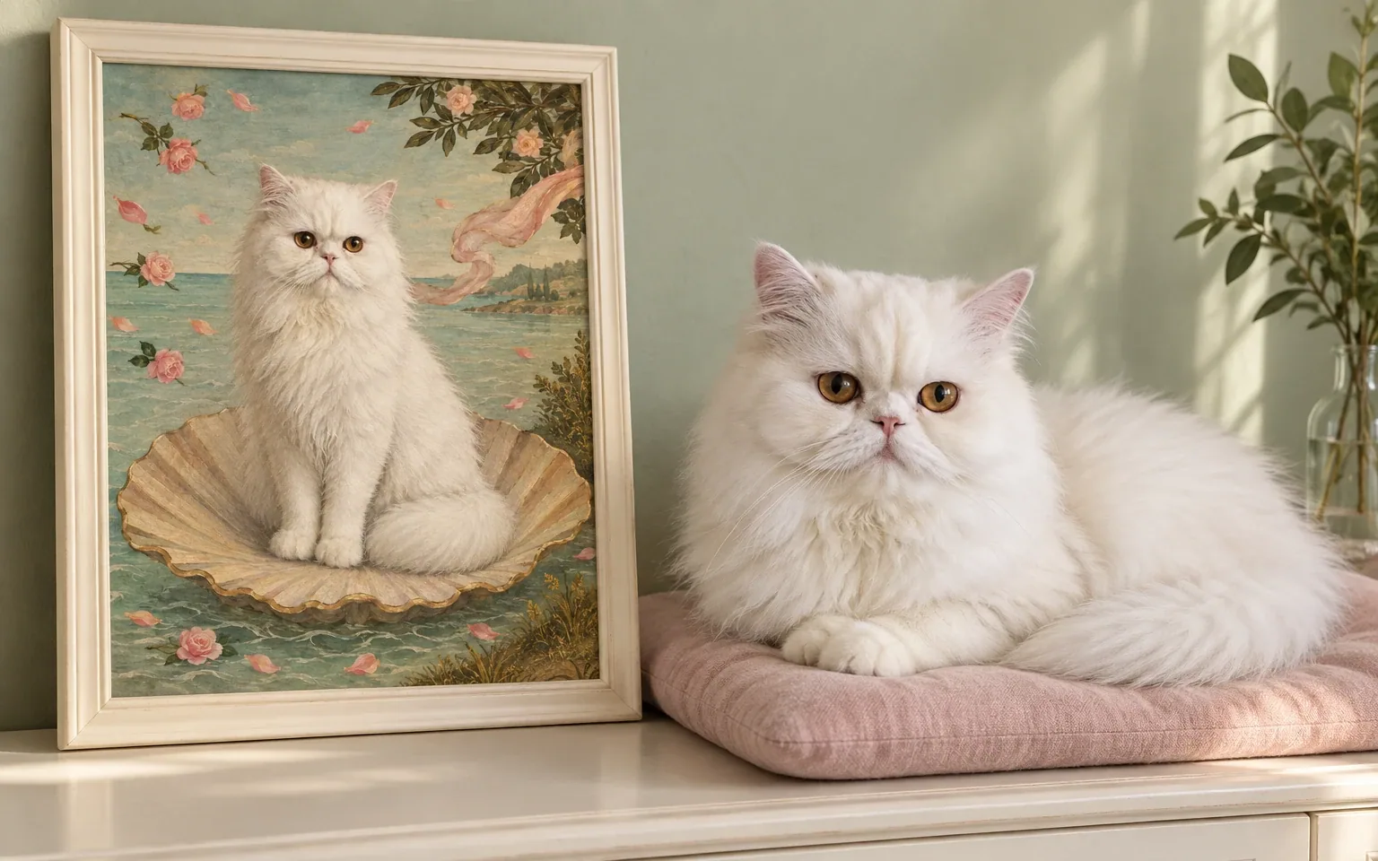 white Persian cat beside its framed portrait in a home display